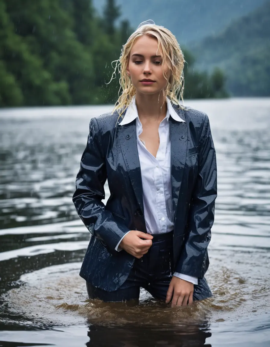 photo of young woman, in soaking wet, drenched clothes,
Dark Blue Business Trouser, Dark Blue Business Suit Jacket with white button down shirt, Clear Mountain lake with heavy rain, 
enjoying, wet clothes stuck to body,
detailed textures of the wet clothes, wet face, wet plastered hair,
wet, drenched, professional, high-quality details, full body view.
sharp focus, ultra-high pixel detail, realistic, high-quality, full colors, incredibly detailed, 4k, 8k, 16k, hyper-realistic, RAW photo, masterpiece, ultra-detailed, professionally color graded, professional photograph, young elegant white blonde haired beautiful women, breast deep submerged, under a big rainshower, fully clothed, completely soaked, fully drenched, completely wet, wetlook, heavy rain, side parting, open hair, long hair, rain storm, looks confidently into camera