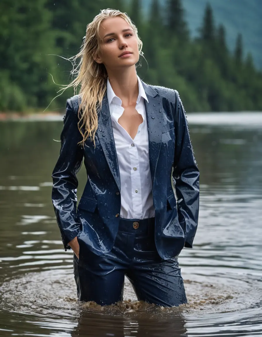 photo of young woman, in soaking wet, drenched clothes,
Dark Blue Business Trouser, Dark Blue Business Suit Jacket with white button down shirt, Clear Mountain lake with heavy rain, 
enjoying, wet clothes stuck to body,
detailed textures of the wet clothes, wet face, wet plastered hair,
wet, drenched, professional, high-quality details, full body view.
sharp focus, ultra-high pixel detail, realistic, high-quality, full colors, incredibly detailed, 4k, 8k, 16k, hyper-realistic, RAW photo, masterpiece, ultra-detailed, professionally color graded, professional photograph, young elegant white blonde haired beautiful women, breast deep submerged, under a big rainshower, fully clothed, completely soaked, fully drenched, completely wet, wetlook, heavy rain, side parting, open hair, long hair, rain storm, looks confidently into camera