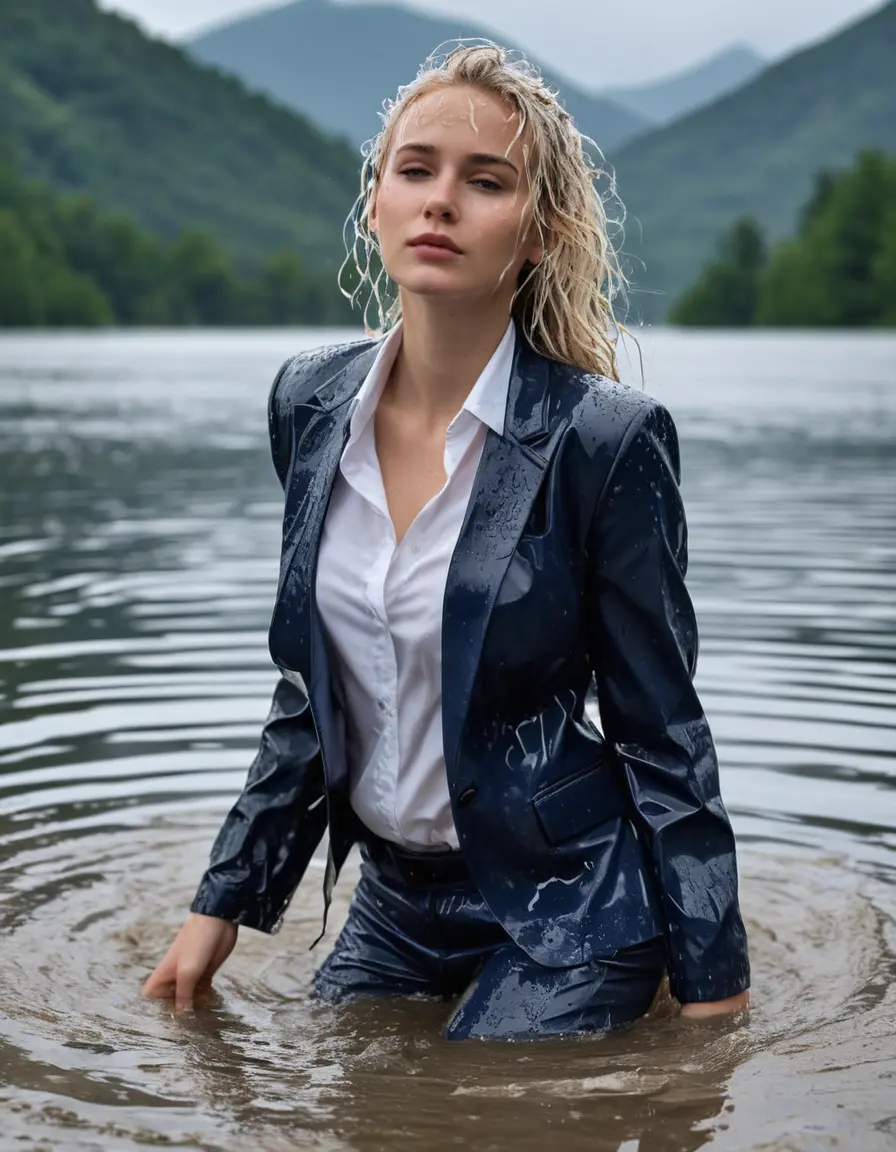 photo of young woman, in soaking wet, drenched clothes,
Dark Blue Business Trouser, Dark Blue Business Suit Jacket with white button down shirt, Clear Mountain lake with heavy rain, 
enjoying, wet clothes stuck to body,
detailed textures of the wet clothes, wet face, wet plastered hair,
wet, drenched, professional, high-quality details, full body view.
sharp focus, ultra-high pixel detail, realistic, high-quality, full colors, incredibly detailed, 4k, 8k, 16k, hyper-realistic, RAW photo, masterpiece, ultra-detailed, professionally color graded, professional photograph, young elegant white blonde haired beautiful women, breast deep submerged, under a big rainshower, fully clothed, completely soaked, fully drenched, completely wet, wetlook, heavy rain, side parting, open hair, long hair, rain storm, looks confidently into camera