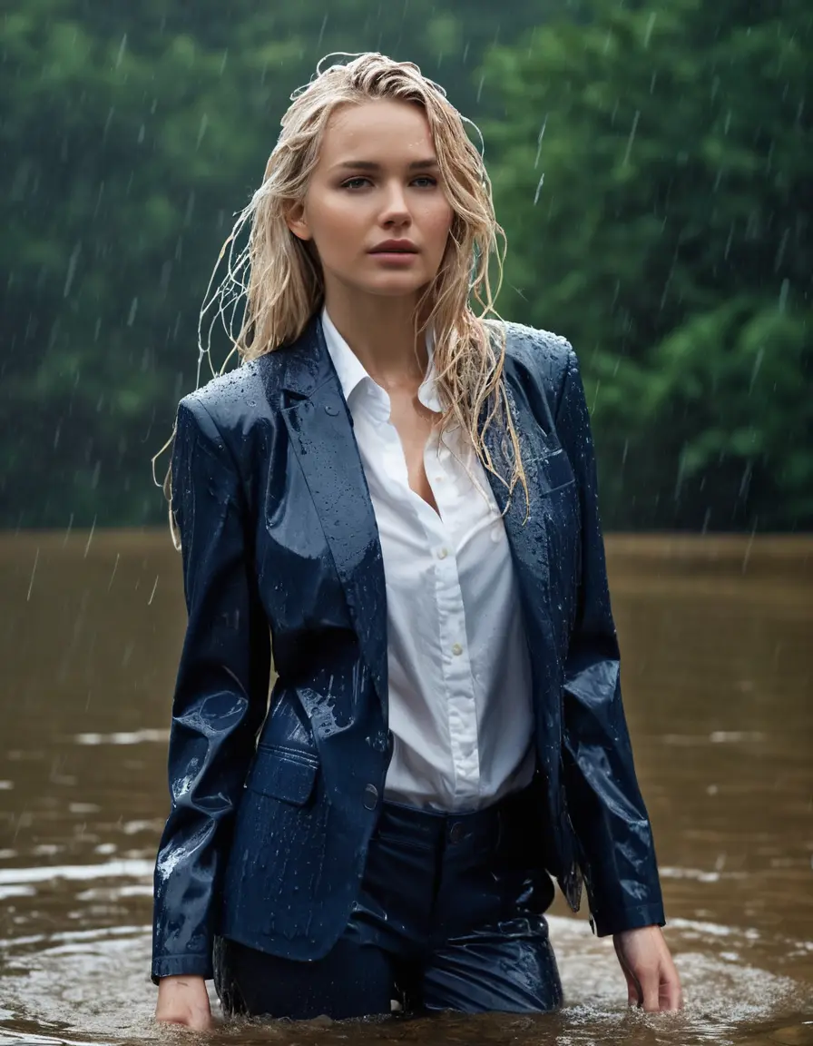 photo of young woman, in soaking wet, drenched clothes,
Dark Blue Business Trouser, Dark Blue Business Suit Jacket with white button down shirt, Clear Mountain lake with heavy rain, 
enjoying, wet clothes stuck to body,
detailed textures of the wet clothes, wet face, wet plastered hair,
wet, drenched, professional, high-quality details, full body view.
sharp focus, ultra-high pixel detail, realistic, high-quality, full colors, incredibly detailed, 4k, 8k, 16k, hyper-realistic, RAW photo, masterpiece, ultra-detailed, professionally color graded, professional photograph, young elegant white blonde haired beautiful women, breast deep submerged, under a big rainshower, fully clothed, completely soaked, fully drenched, completely wet, wetlook, heavy rain, side parting, open hair, long hair, rain storm, looks confidently into camera