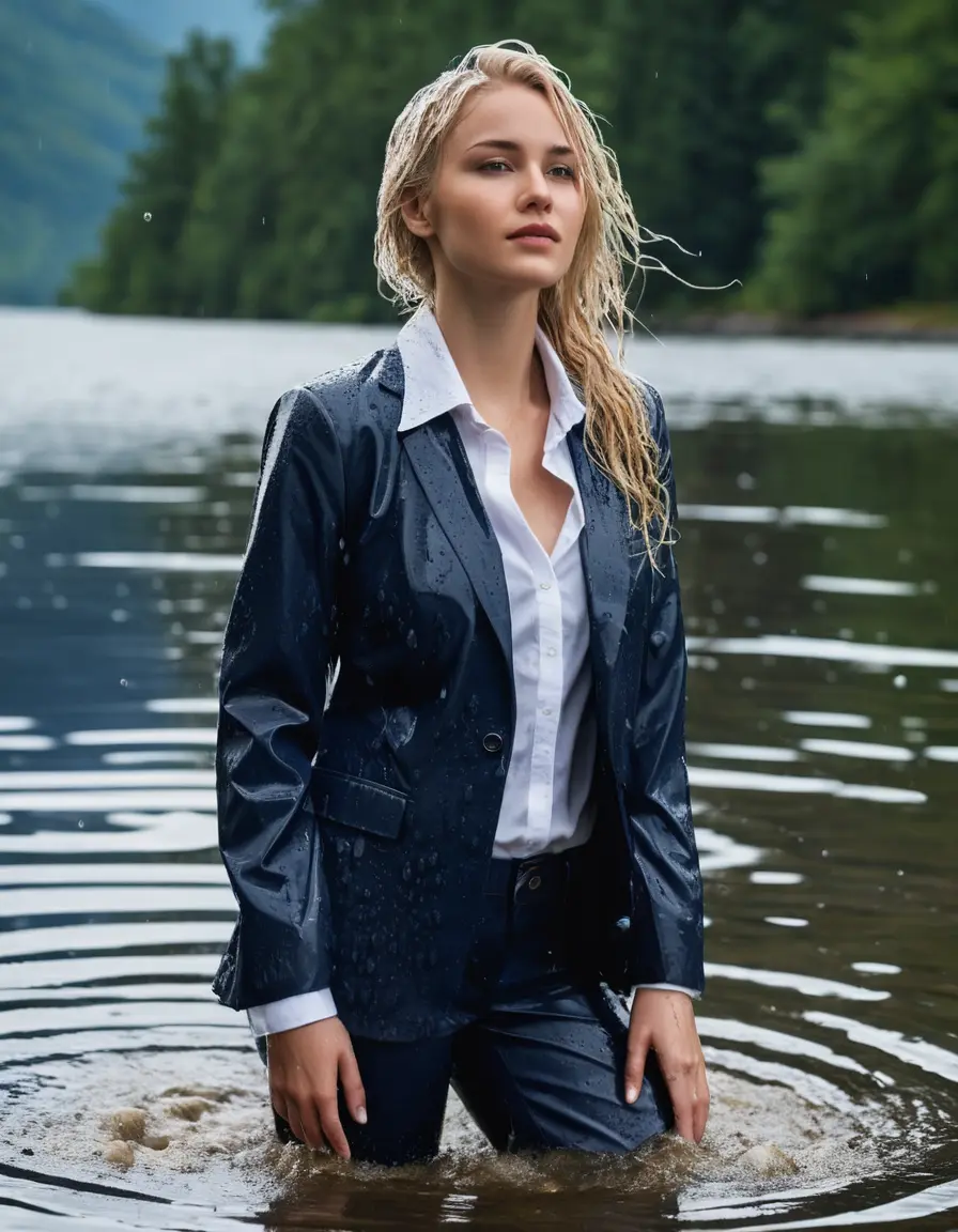 photo of young woman, in soaking wet, drenched clothes,
Dark Blue Business Trouser, Dark Blue Business Suit Jacket with white button down shirt, Clear Mountain lake with heavy rain, 
enjoying, wet clothes stuck to body,
detailed textures of the wet clothes, wet face, wet plastered hair,
wet, drenched, professional, high-quality details, full body view.
sharp focus, ultra-high pixel detail, realistic, high-quality, full colors, incredibly detailed, 4k, 8k, 16k, hyper-realistic, RAW photo, masterpiece, ultra-detailed, professionally color graded, professional photograph, young elegant white blonde haired beautiful women, breast deep submerged, under a big rainshower, fully clothed, completely soaked, fully drenched, completely wet, wetlook, heavy rain, side parting, open hair, long hair, rain storm, looks confidently into camera