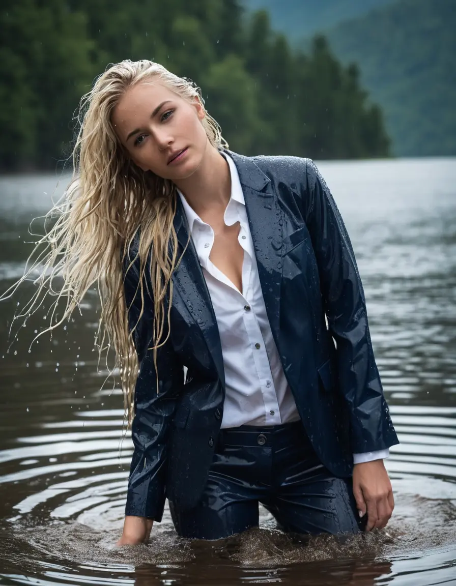 photo of young woman, in soaking wet, drenched clothes,
Dark Blue Business Trouser, Dark Blue Business Suit Jacket with white button down shirt, Clear Mountain lake with heavy rain, 
enjoying, wet clothes stuck to body,
detailed textures of the wet clothes, wet face, wet plastered hair,
wet, drenched, professional, high-quality details, full body view.
sharp focus, ultra-high pixel detail, realistic, high-quality, full colors, incredibly detailed, 4k, 8k, 16k, hyper-realistic, RAW photo, masterpiece, ultra-detailed, professionally color graded, professional photograph, young elegant white blonde haired beautiful women, breast deep submerged, under a big rainshower, fully clothed, completely soaked, fully drenched, completely wet, wetlook, heavy rain, side parting, open hair, long hair, rain storm, looks confidently into camera