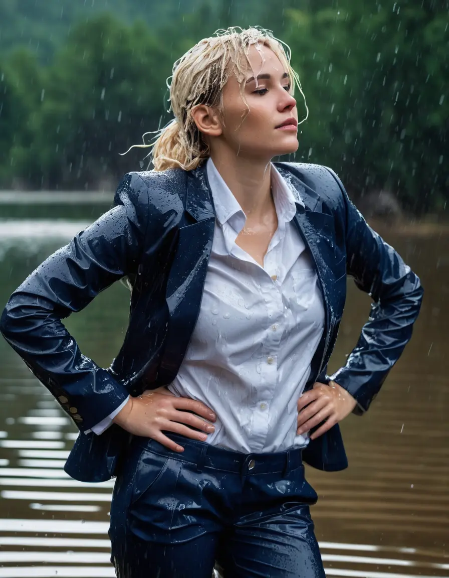 photo of young woman, in soaking wet, drenched clothes,
Dark Blue Business Trouser, Dark Blue Business Suit Jacket with white button down shirt, Clear Mountain lake with heavy rain, 
enjoying, wet clothes stuck to body,
detailed textures of the wet clothes, wet face, wet plastered hair,
wet, drenched, professional, high-quality details, full body view.
sharp focus, ultra-high pixel detail, realistic, high-quality, full colors, incredibly detailed, 4k, 8k, 16k, hyper-realistic, RAW photo, masterpiece, ultra-detailed, professionally color graded, professional photograph, young elegant white blonde haired beautiful women, breast deep submerged, under a big rainshower, fully clothed, completely soaked, fully drenched, completely wet, wetlook, heavy rain, side parting, open hair, long hair, rain storm, looks confidently into camera