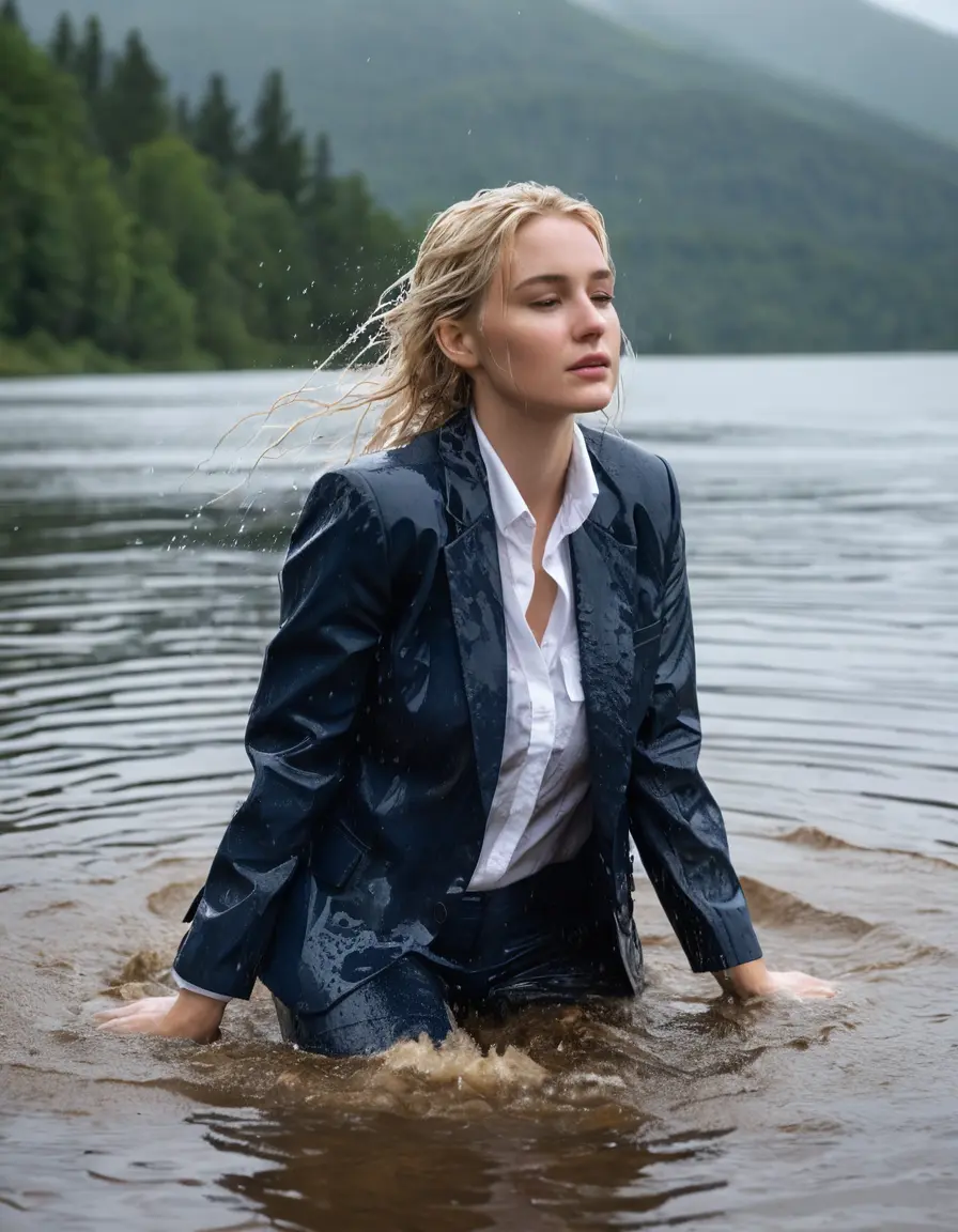 photo of young woman, in soaking wet, drenched clothes,
Dark Blue Business Trouser, Dark Blue Business Suit Jacket with white button down shirt, Clear Mountain lake with heavy rain, 
enjoying, wet clothes stuck to body,
detailed textures of the wet clothes, wet face, wet plastered hair,
wet, drenched, professional, high-quality details, full body view.
sharp focus, ultra-high pixel detail, realistic, high-quality, full colors, incredibly detailed, 4k, 8k, 16k, hyper-realistic, RAW photo, masterpiece, ultra-detailed, professionally color graded, professional photograph, young elegant white blonde haired beautiful women, breast deep submerged, under a big rainshower, fully clothed, completely soaked, fully drenched, completely wet, wetlook, heavy rain, side parting, open hair, long hair, rain storm, looks confidently into camera