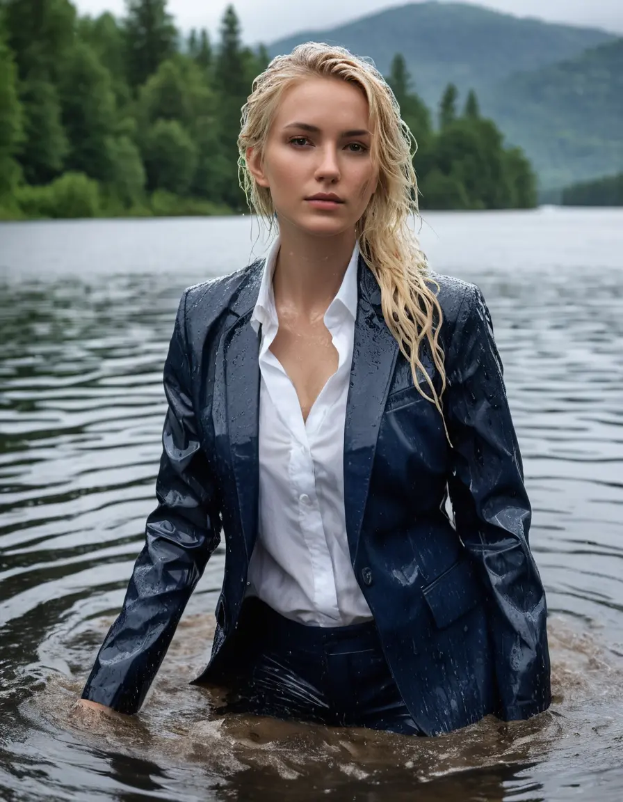 photo of young woman, in soaking wet, drenched clothes,
Dark Blue Business Trouser, Dark Blue Business Suit Jacket with white button down shirt, Clear Mountain lake with heavy rain, 
enjoying, wet clothes stuck to body,
detailed textures of the wet clothes, wet face, wet plastered hair,
wet, drenched, professional, high-quality details, full body view.
sharp focus, ultra-high pixel detail, realistic, high-quality, full colors, incredibly detailed, 4k, 8k, 16k, hyper-realistic, RAW photo, masterpiece, ultra-detailed, professionally color graded, professional photograph, young elegant white blonde haired beautiful women, breast deep submerged, under a big rainshower, fully clothed, completely soaked, fully drenched, completely wet, wetlook, heavy rain, side parting, open hair, long hair, rain storm, looks confidently into camera