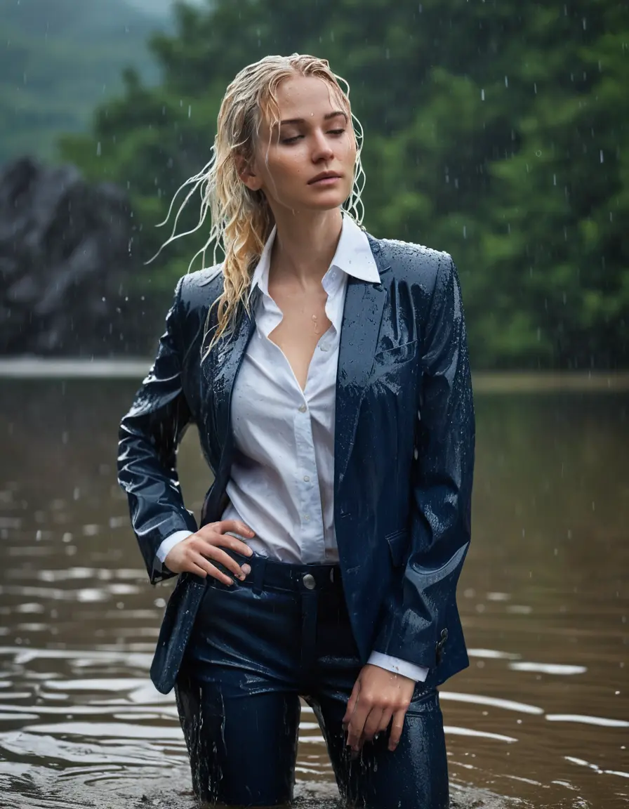 photo of young woman, in soaking wet, drenched clothes,
Dark Blue Business Trouser, Dark Blue Business Suit Jacket with white button down shirt, Clear Mountain lake with heavy rain, 
enjoying, wet clothes stuck to body,
detailed textures of the wet clothes, wet face, wet plastered hair,
wet, drenched, professional, high-quality details, full body view.
sharp focus, ultra-high pixel detail, realistic, high-quality, full colors, incredibly detailed, 4k, 8k, 16k, hyper-realistic, RAW photo, masterpiece, ultra-detailed, professionally color graded, professional photograph, young elegant white blonde haired beautiful women, breast deep submerged, under a big rainshower, fully clothed, completely soaked, fully drenched, completely wet, wetlook, heavy rain, side parting, open hair, long hair, rain storm, looks confidently into camera