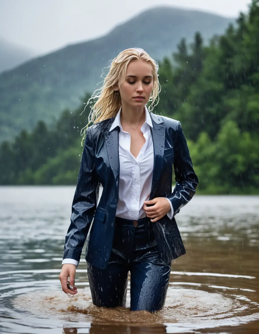 photo of young woman, in soaking wet, drenched clothes,
Dark Blue Business Trouser, Dark Blue Business Suit Jacket with white button down shirt, Clear Mountain lake with heavy rain, 
enjoying, wet clothes stuck to body,
detailed textures of the wet clothes, wet face, wet plastered hair,
wet, drenched, professional, high-quality details, full body view.
sharp focus, ultra-high pixel detail, realistic, high-quality, full colors, incredibly detailed, 4k, 8k, 16k, hyper-realistic, RAW photo, masterpiece, ultra-detailed, professionally color graded, professional photograph, young elegant white blonde haired beautiful women, breast deep submerged, under a big rainshower, fully clothed, completely soaked, fully drenched, completely wet, wetlook, heavy rain, side parting, open hair, long hair, rain storm, looks confidently into camera