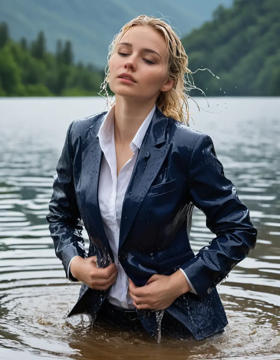 photo of young woman, in soaking wet, drenched clothes,
Dark Blue Business Trouser, Dark Blue Business Suit Jacket with white button down shirt, Clear Mountain lake with heavy rain, 
enjoying, wet clothes stuck to body,
detailed textures of the wet clothes, wet face, wet plastered hair,
wet, drenched, professional, high-quality details, full body view.
sharp focus, ultra-high pixel detail, realistic, high-quality, full colors, incredibly detailed, 4k, 8k, 16k, hyper-realistic, RAW photo, masterpiece, ultra-detailed, professionally color graded, professional photograph, young elegant white blonde haired beautiful women, breast deep submerged, under a big rainshower, fully clothed, completely soaked, fully drenched, completely wet, wetlook, heavy rain, side parting, open hair, long hair, rain storm, looks confidently into camera