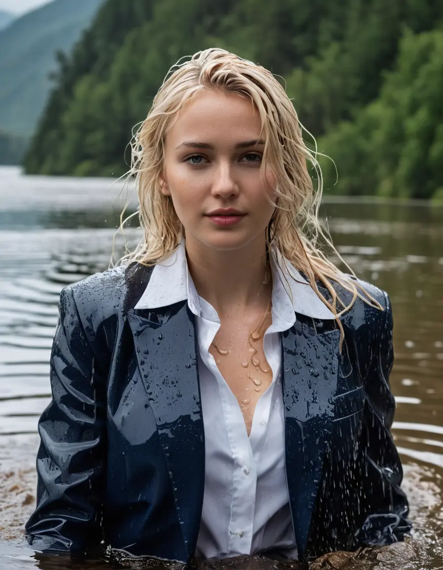 photo of young woman, in soaking wet, drenched clothes,
Dark Blue Business Trouser, Dark Blue Business Suit Jacket with white button down shirt, Clear Mountain lake with heavy rain, 
enjoying, wet clothes stuck to body,
detailed textures of the wet clothes, wet face, wet plastered hair,
wet, drenched, professional, high-quality details, full body view.
sharp focus, ultra-high pixel detail, realistic, high-quality, full colors, incredibly detailed, 4k, 8k, 16k, hyper-realistic, RAW photo, masterpiece, ultra-detailed, professionally color graded, professional photograph, young elegant white blonde haired beautiful women, breast deep submerged, under a big rainshower, fully clothed, completely soaked, fully drenched, completely wet, wetlook, heavy rain, side parting, open hair, long hair, rain storm, looks confidently into camera