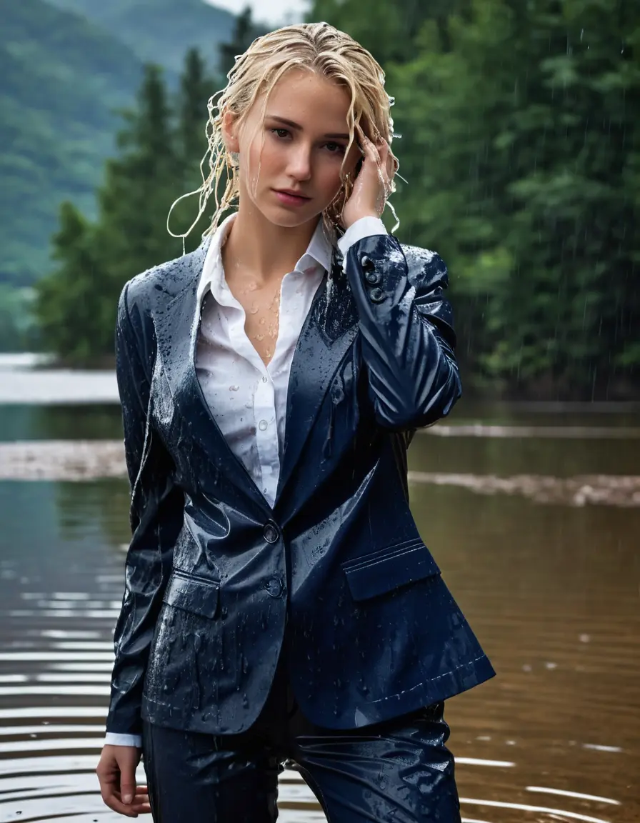 photo of young woman, in soaking wet, drenched clothes,
Dark Blue Business Trouser, Dark Blue Business Suit Jacket with white button down shirt, Clear Mountain lake with heavy rain, 
enjoying, wet clothes stuck to body,
detailed textures of the wet clothes, wet face, wet plastered hair,
wet, drenched, professional, high-quality details, full body view.
sharp focus, ultra-high pixel detail, realistic, high-quality, full colors, incredibly detailed, 4k, 8k, 16k, hyper-realistic, RAW photo, masterpiece, ultra-detailed, professionally color graded, professional photograph, young elegant white blonde haired beautiful women, breast deep submerged, under a big rainshower, fully clothed, completely soaked, fully drenched, completely wet, wetlook, heavy rain, side parting, open hair, long hair, rain storm, looks confidently into camera