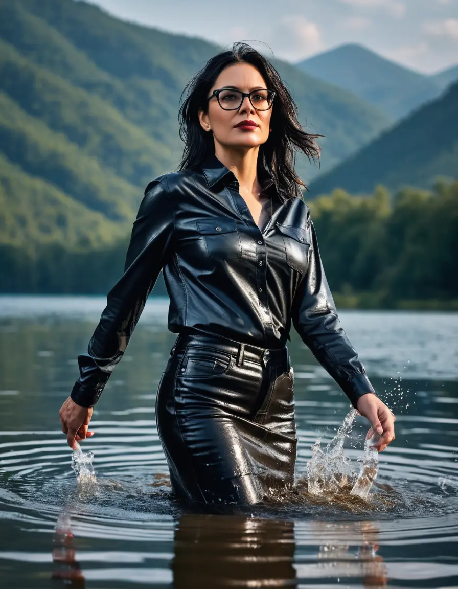 photo of young woman, in soaking wet, drenched clothes,
Sport shoes , long black leather jeans skirt, black leather jeans shirt with long sleeves , walking in Sunny Deep lake, 
enjoying, wet clothes stuck to body,
detailed textures of the wet clothes, wet face, wet plastered hair,
wet, drenched, professional, high-quality details, full body view.
sharp focus, ultra-high pixel detail, realistic, high-quality, full colors, incredibly detailed, 4k, 8k, 16k, hyper-realistic, RAW photo, masterpiece, ultra-detailed, professionally color graded, professional photograph, woman 51 years old, medium black hair, very big and thick lips, office light glasses, complete body