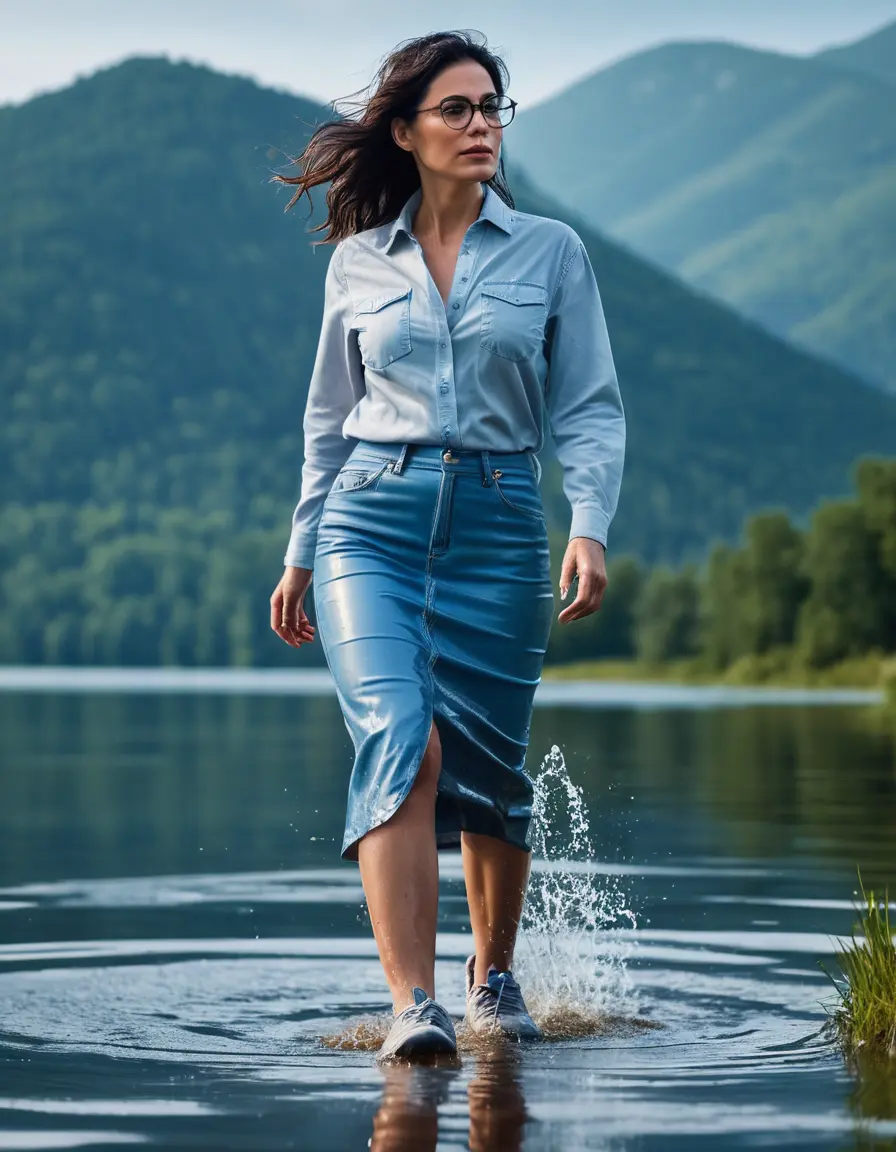photo of young woman, in soaking wet, drenched clothes,
Sport shoes , long light blue leather jeans skirt, Light blue jeans shirt with long sleeves , walking in Sunny Deep lake, 
enjoying, wet clothes stuck to body,
detailed textures of the wet clothes, wet face, wet plastered hair,
wet, drenched, professional, high-quality details, full body view.
sharp focus, ultra-high pixel detail, realistic, high-quality, full colors, incredibly detailed, 4k, 8k, 16k, hyper-realistic, RAW photo, masterpiece, ultra-detailed, professionally color graded, professional photograph, woman 51 years old, medium black hair, very big and thick lips, office light glasses, complete body