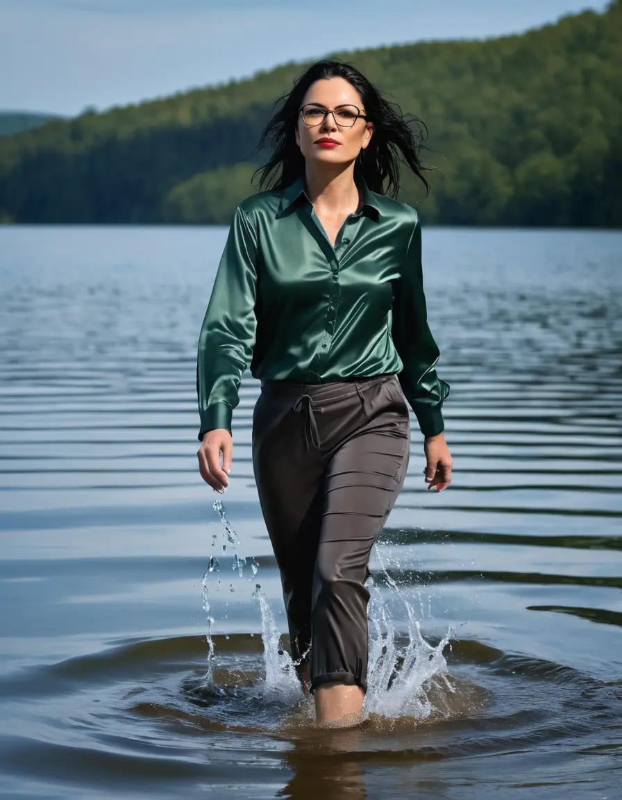 photo of young woman, in soaking wet, drenched clothes,
Sport shoes , long black office trousers, dark green silk satin shirt with long sleeves , walking in Sunny Deep lake, 
enjoying, wet clothes stuck to body,
detailed textures of the wet clothes, wet face, wet plastered hair,
wet, drenched, professional, high-quality details, full body view.
sharp focus, ultra-high pixel detail, realistic, high-quality, full colors, incredibly detailed, 4k, 8k, 16k, hyper-realistic, RAW photo, masterpiece, ultra-detailed, professionally color graded, professional photograph, woman 51 years old, medium black hair, very big and thick lips, office light glasses, complete body
