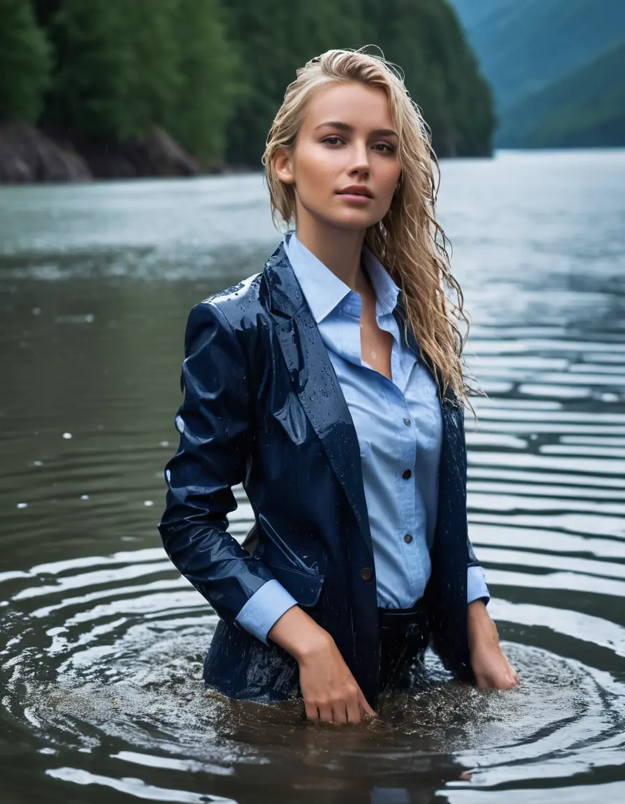 photo of young woman, in soaking wet, drenched clothes,
Dark Blue Business Trouser, Dark Blue Business Suit Jacket with Light Blue button down business shirt longsleeve, Clear Mountain lake with heavy rain, 
enjoying, wet clothes stuck to body,
detailed textures of the wet clothes, wet face, wet plastered hair,
wet, drenched, professional, high-quality details, full body view.
sharp focus, ultra-high pixel detail, realistic, high-quality, full colors, incredibly detailed, 4k, 8k, 16k, hyper-realistic, RAW photo, masterpiece, ultra-detailed, professionally color graded, professional photograph, young elegant white blonde haired beautiful women, breast deep submerged, under a big rainshower, fully clothed, completely soaked, fully drenched, completely wet, wetlook, heavy rain, side parting, open hair, long hair, rain storm, looks confidently into camera