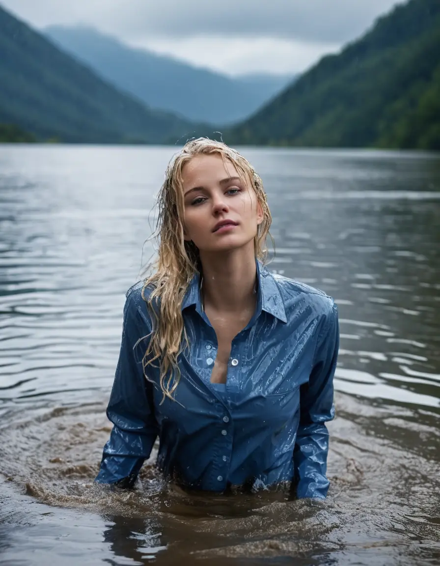 photo of young woman, in soaking wet, drenched clothes,
Dark Blue Business Trouser, Light Blue button down business shirt longsleeve, Clear Mountain lake with heavy rain, 
enjoying, wet clothes stuck to body,
detailed textures of the wet clothes, wet face, wet plastered hair,
wet, drenched, professional, high-quality details, full body view.
sharp focus, ultra-high pixel detail, realistic, high-quality, full colors, incredibly detailed, 4k, 8k, 16k, hyper-realistic, RAW photo, masterpiece, ultra-detailed, professionally color graded, professional photograph, young elegant white blonde haired beautiful women, breast deep submerged, under a big rainshower, fully clothed, completely soaked, fully drenched, completely wet, wetlook, heavy rain, side parting, open hair, long hair, rain storm, looks confidently into camera