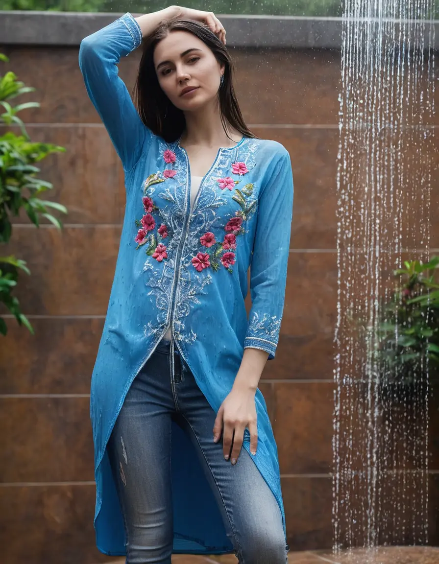 photo of young woman, in soaking wet, drenched clothes,
Stilletto heels, Silky Jeans, Embroidery,  long kurti skin tight , Outdoor shower ,grope another female , 
enjoying, wet clothes stuck to body,
detailed textures of the wet clothes, wet face, wet plastered hair,
wet, drenched, professional, high-quality details, full body view.
sharp focus, ultra-high pixel detail, realistic, high-quality, full colors, incredibly detailed, 4k, 8k, 16k, hyper-realistic, RAW photo, masterpiece, ultra-detailed, professionally color graded, professional photograph, Straight open  wavy hairstyle , , pear shaped body,  wrist watch, thin necklace t ,  , no make up, 4.6feet tall model , 36b bra size, 