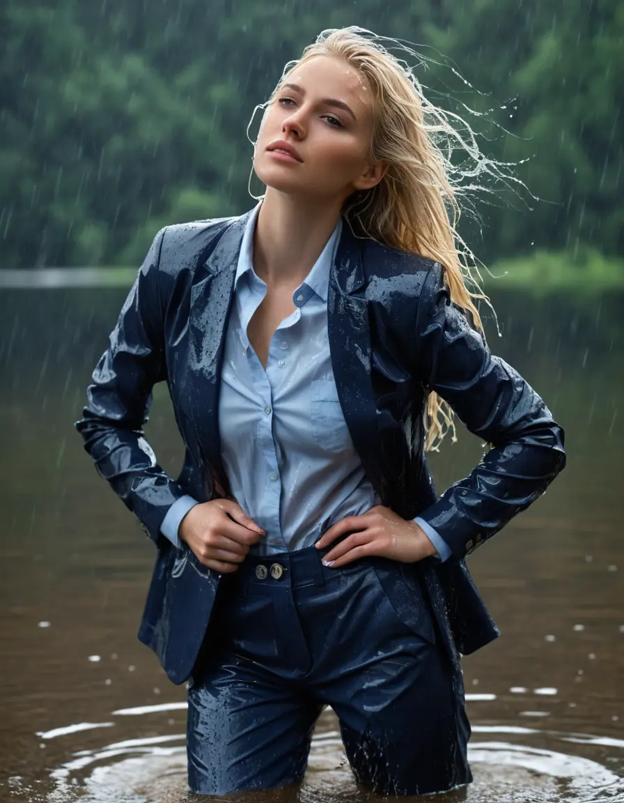 photo of young woman, in soaking wet, drenched clothes,
Dark Blue Business Trouser, Dark Blue Business Suit Jacket with Light Blue button down shirt, Clear Mountain lake with heavy rain, 
enjoying, wet clothes stuck to body,
detailed textures of the wet clothes, wet face, wet plastered hair,
wet, drenched, professional, high-quality details, full body view.
sharp focus, ultra-high pixel detail, realistic, high-quality, full colors, incredibly detailed, 4k, 8k, 16k, hyper-realistic, RAW photo, masterpiece, ultra-detailed, professionally color graded, professional photograph, young elegant white blonde haired beautiful women, breast deep submerged, under a big rainshower, fully clothed, completely soaked, fully drenched, completely wet, wetlook, heavy rain, side parting, open hair, long hair, rain storm, looks confidently into camera