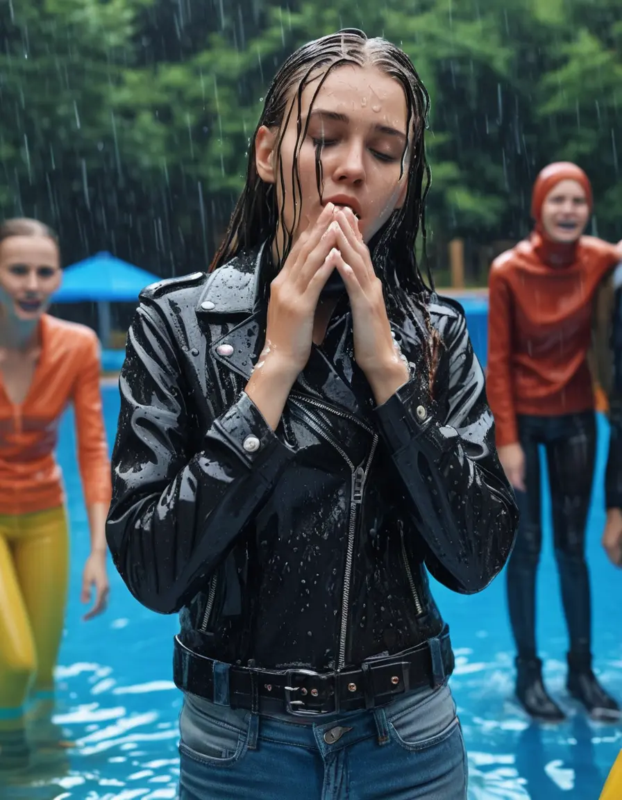 photo of young woman, in soaking wet, drenched clothes,
ankle boots , super skin tight denim jeans, slim fit black biker leatherjacket, tight light pink knit turtleneck sweater, handbag , fifteen years old horny blonde teenage girl with her friends holds her hand over her mouth and nose climbs out of the pool partly underwater up to the neck at party in a crowded waterpark, completely wet from the rain, open mouth, big eyes, 
enjoying, wet clothes stuck to body,
detailed textures of the wet clothes, wet face, wet plastered hair,
wet, drenched, professional, high-quality details, full body view.
sharp focus, ultra-high pixel detail, realistic, high-quality, full colors, incredibly detailed, 4k, 8k, 16k, hyper-realistic, RAW photo, masterpiece, ultra-detailed, professionally color graded, professional photograph, fifteen years old, completely soaked, completely dripping wet, very wet clothes, sleek long straight hair, worried and embarrassed facial expression, slight yawn, moaning,  all girls wear different styles of clothes, carrying a dripping wet smal handbag, a lot of people stands in the background, close-up, view from above, highly realistic representation, ultra sharp focus, highly photorealistic detailed facial features and expressions, highly photorealistic hands, highly best quality, highly sharp photorealistic image, highly photorealistic details, highest photorealistic wet clothes, full UHD resolution, highest photorealistic sharpness of the image, 32 K