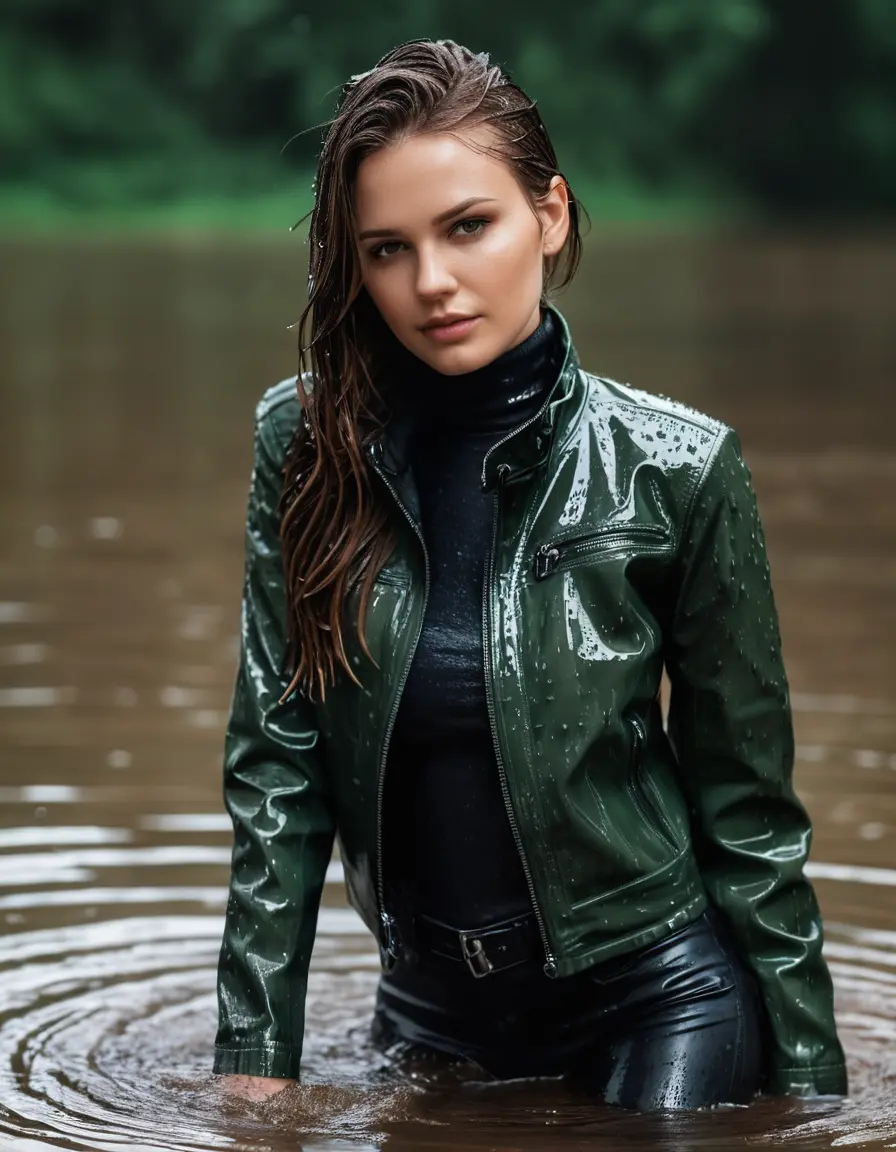 photo of young woman, in soaking wet, drenched clothes,
tight leather boots, skin tight black leather jeans, slim fit green biker leatherjacket, tight light black latex turtleneck sweater,, soaked, heavy rain, storm, 
enjoying, wet clothes stuck to body,
detailed textures of the wet clothes, wet face, wet plastered hair,
wet, drenched, professional, high-quality details, full body view.
sharp focus, ultra-high pixel detail, realistic, high-quality, full colors, incredibly detailed, 4k, 8k, 16k, hyper-realistic, RAW photo, masterpiece, ultra-detailed, professionally color graded, professional photograph, white woman, long dripping wet brown hair