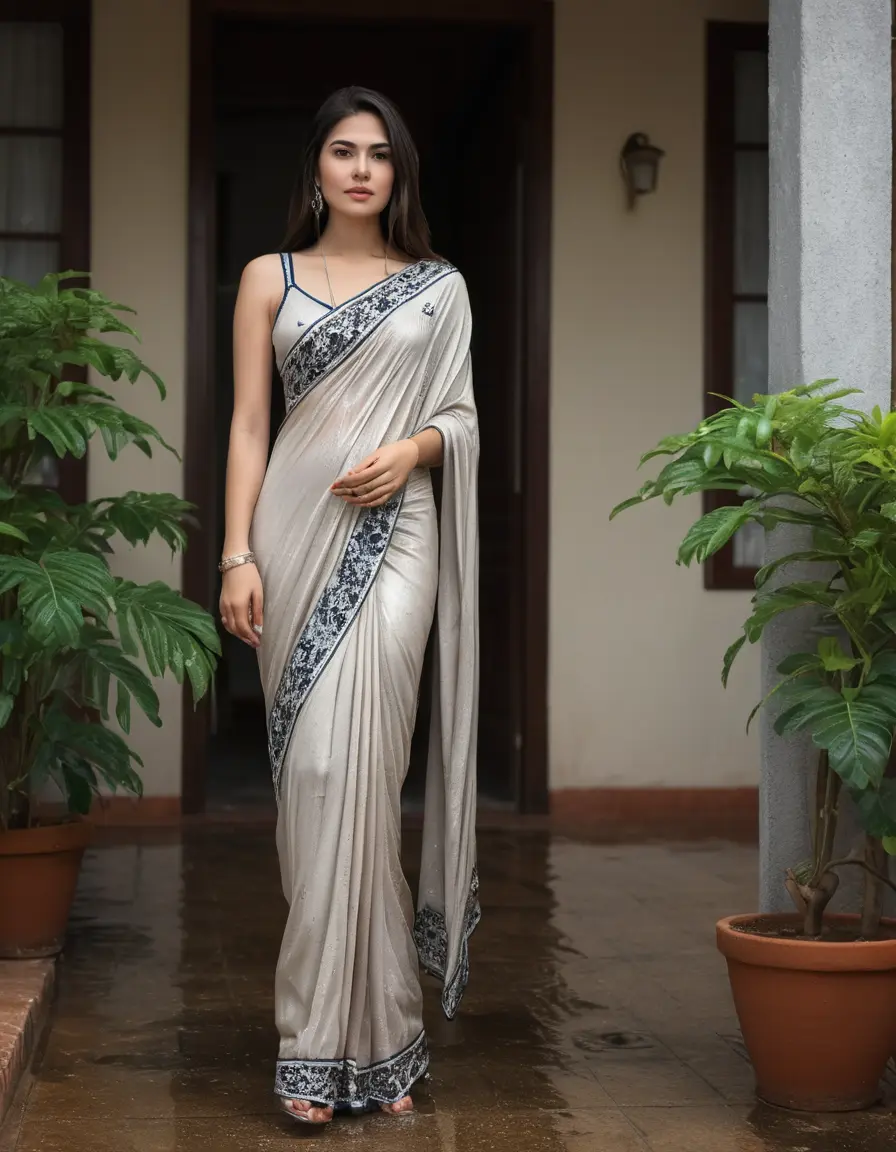 photo of young woman, in soaking wet, drenched clothes,
Stilletto heels, Silk pants, Embroidery,  long Saree skin tight , Outdoor house ,grope another female , 
enjoying, wet clothes stuck to body,
detailed textures of the wet clothes, wet face, wet plastered hair,
wet, drenched, professional, high-quality details, full body view.
sharp focus, ultra-high pixel detail, realistic, high-quality, full colors, incredibly detailed, 4k, 8k, 16k, hyper-realistic, RAW photo, masterpiece, ultra-detailed, professionally color graded, professional photograph, Straight open  wavy hairstyle , , pear shaped body,  wrist watch, thin necklace t ,  , no make up, 4.6feet tall model , 36b bra size, 