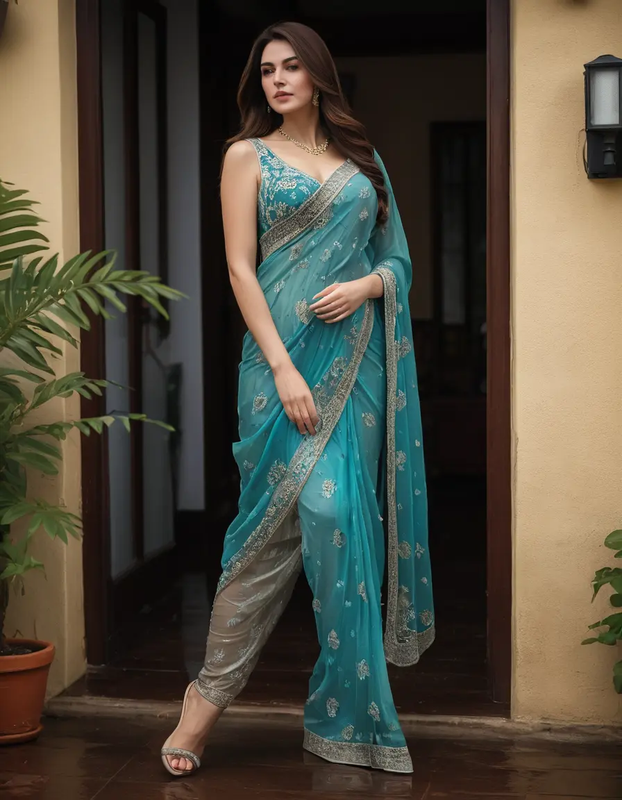 photo of young woman, in soaking wet, drenched clothes,
Stilletto heels, Silk pants, Embroidery,  long Saree skin tight , Outdoor house ,grope another female , 
enjoying, wet clothes stuck to body,
detailed textures of the wet clothes, wet face, wet plastered hair,
wet, drenched, professional, high-quality details, full body view.
sharp focus, ultra-high pixel detail, realistic, high-quality, full colors, incredibly detailed, 4k, 8k, 16k, hyper-realistic, RAW photo, masterpiece, ultra-detailed, professionally color graded, professional photograph, Straight open  wavy hairstyle , , pear shaped body,  wrist watch, thin necklace t ,  , no make up, 4.6feet tall model , 36b bra size, 