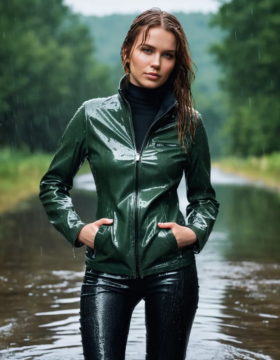 photo of young woman, in soaking wet, drenched clothes,
tight leather boots, skin tight black leather jeans, slim fit green biker leatherjacket, tight light black latex turtleneck sweater,, soaked, heavy rain, storm, 
enjoying, wet clothes stuck to body,
detailed textures of the wet clothes, wet face, wet plastered hair,
wet, drenched, professional, high-quality details, full body view.
sharp focus, ultra-high pixel detail, realistic, high-quality, full colors, incredibly detailed, 4k, 8k, 16k, hyper-realistic, RAW photo, masterpiece, ultra-detailed, professionally color graded, professional photograph, white woman, long dripping wet brown hair