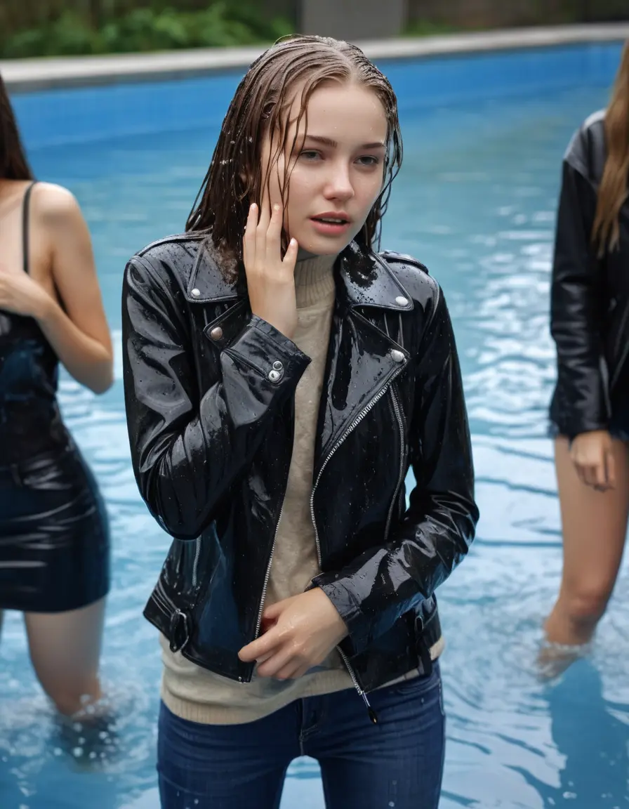 photo of young woman, in soaking wet, drenched clothes,
ankle boots , super skin tight denim jeans, slim fit black biker leatherjacket, tight beige knit turtleneck sweater, handbag , fifteen years old horny blonde teenage girl with her friends holds her hand over her mouth and nose climbs out of the pool partly underwater up to the neck at party in a crowded waterpark, completely wet from the rain, open mouth, big eyes, 
enjoying, wet clothes stuck to body,
detailed textures of the wet clothes, wet face, wet plastered hair,
wet, drenched, professional, high-quality details, full body view.
sharp focus, ultra-high pixel detail, realistic, high-quality, full colors, incredibly detailed, 4k, 8k, 16k, hyper-realistic, RAW photo, masterpiece, ultra-detailed, professionally color graded, professional photograph, fifteen years old, completely soaked, completely dripping wet, very wet clothes, sleek long straight hair, worried and embarrassed facial expression, slight yawn, moaning,  all girls wear different styles of clothes, carrying a dripping wet smal handbag, a lot of people stands in the background, close-up, view from above, highly realistic representation, ultra sharp focus, highly photorealistic detailed facial features and expressions, highly photorealistic hands, highly best quality, highly sharp photorealistic image, highly photorealistic details, highest photorealistic wet clothes, full UHD resolution, highest photorealistic sharpness of the image, 32 K