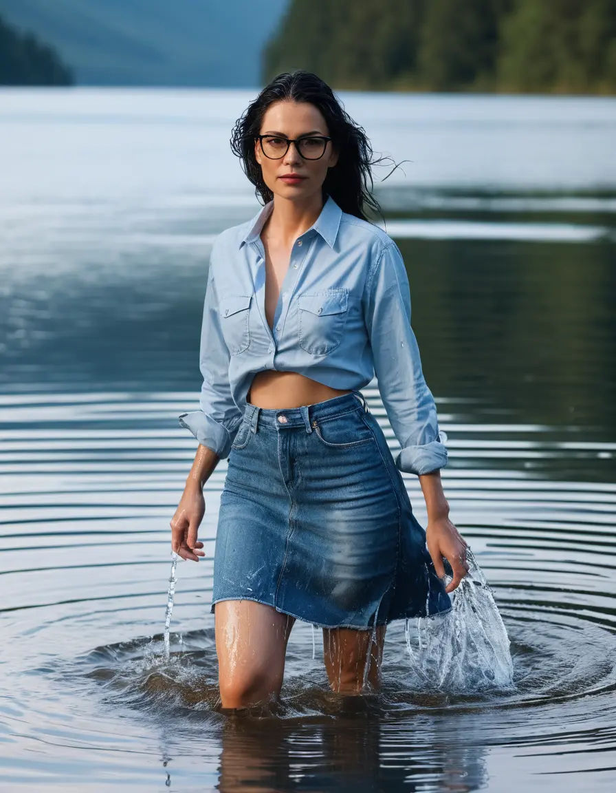 photo of young woman, in soaking wet, drenched clothes,
Sport shoes , long blue jeans skirt, Light blue jeans shirt with long sleeves , walking in Sunny Deep lake, 
enjoying, wet clothes stuck to body,
detailed textures of the wet clothes, wet face, wet plastered hair,
wet, drenched, professional, high-quality details, full body view.
sharp focus, ultra-high pixel detail, realistic, high-quality, full colors, incredibly detailed, 4k, 8k, 16k, hyper-realistic, RAW photo, masterpiece, ultra-detailed, professionally color graded, professional photograph, woman 51 years old, medium black hair, very big and thick lips, office light glasses, complete body