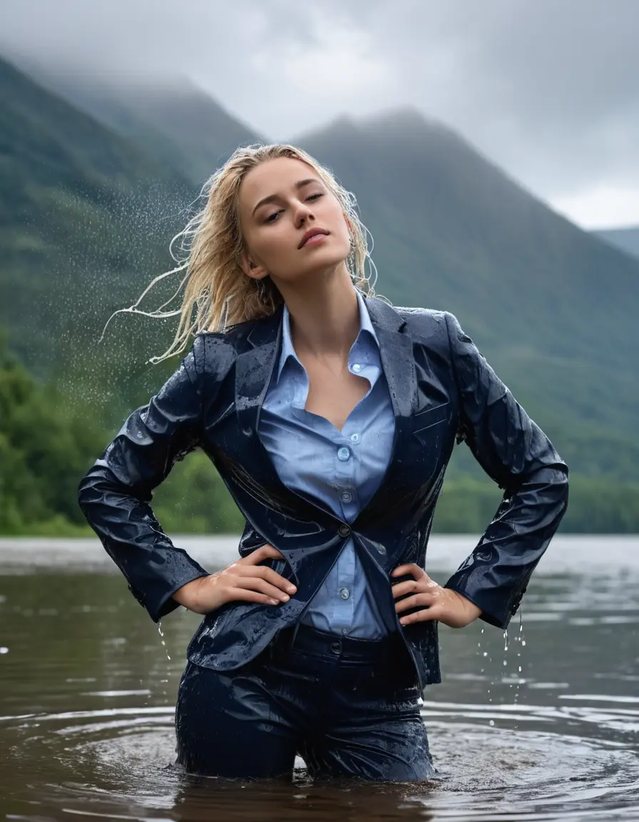 photo of young woman, in soaking wet, drenched clothes,
Dark Blue Business Trouser, Dark Blue Business Suit Jacket with Light Blue button down shirt, Clear Mountain lake with heavy rain, 
enjoying, wet clothes stuck to body,
detailed textures of the wet clothes, wet face, wet plastered hair,
wet, drenched, professional, high-quality details, full body view.
sharp focus, ultra-high pixel detail, realistic, high-quality, full colors, incredibly detailed, 4k, 8k, 16k, hyper-realistic, RAW photo, masterpiece, ultra-detailed, professionally color graded, professional photograph, young elegant white blonde haired beautiful women, breast deep submerged, under a big rainshower, fully clothed, completely soaked, fully drenched, completely wet, wetlook, heavy rain, side parting, open hair, long hair, rain storm, looks confidently into camera