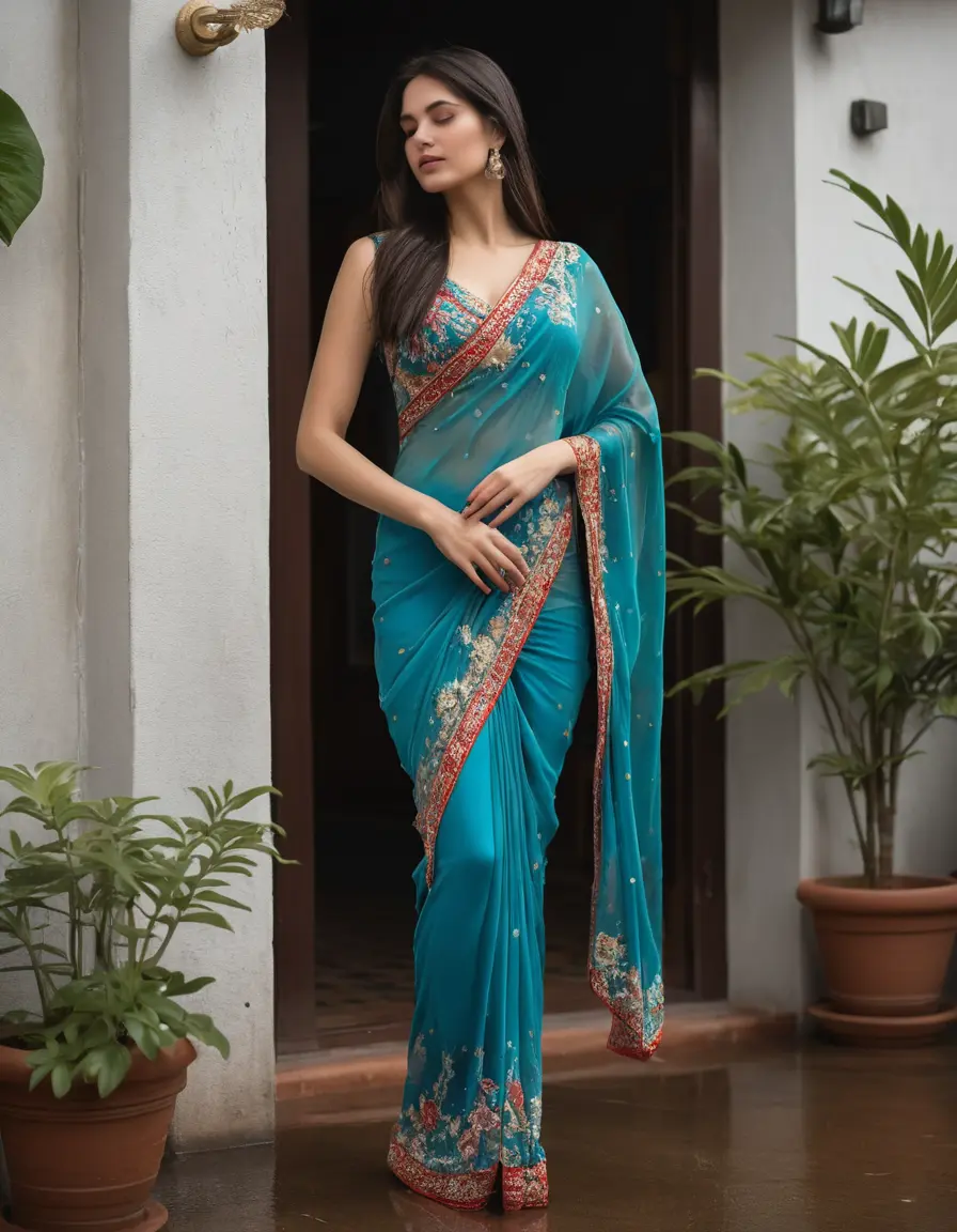 photo of young woman, in soaking wet, drenched clothes,
Stilletto heels, Silk pants, Embroidery,  long Saree skin tight , Outdoor house ,grope another female , 
enjoying, wet clothes stuck to body,
detailed textures of the wet clothes, wet face, wet plastered hair,
wet, drenched, professional, high-quality details, full body view.
sharp focus, ultra-high pixel detail, realistic, high-quality, full colors, incredibly detailed, 4k, 8k, 16k, hyper-realistic, RAW photo, masterpiece, ultra-detailed, professionally color graded, professional photograph, Straight open  wavy hairstyle , , pear shaped body,  wrist watch, thin necklace t ,  , no make up, 4.6feet tall model , 36b bra size, 