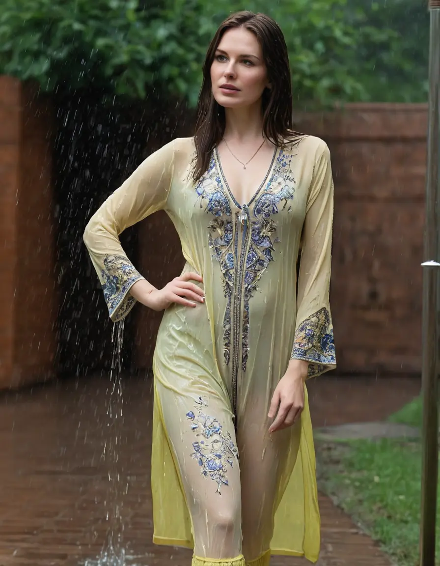 photo of young woman, in soaking wet, drenched clothes,
Stilletto heels, Silk pants, Embroidery,  long kurti skin tight , Outdoor shower ,grope another female , 
enjoying, wet clothes stuck to body,
detailed textures of the wet clothes, wet face, wet plastered hair,
wet, drenched, professional, high-quality details, full body view.
sharp focus, ultra-high pixel detail, realistic, high-quality, full colors, incredibly detailed, 4k, 8k, 16k, hyper-realistic, RAW photo, masterpiece, ultra-detailed, professionally color graded, professional photograph, Straight open  wavy hairstyle , , pear shaped body,  wrist watch, thin necklace t ,  , no make up, 4.6feet tall model , 36b bra size, 