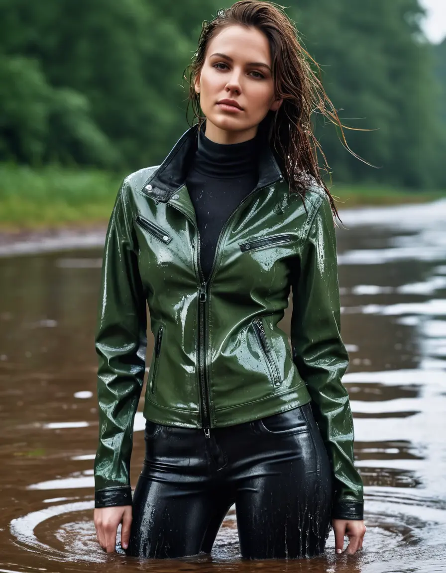 photo of young woman, in soaking wet, drenched clothes,
tight leather boots, skin tight black leather jeans, slim fit green biker leatherjacket, tight light black latex turtleneck sweater,, soaked, heavy rain, storm, 
enjoying, wet clothes stuck to body,
detailed textures of the wet clothes, wet face, wet plastered hair,
wet, drenched, professional, high-quality details, full body view.
sharp focus, ultra-high pixel detail, realistic, high-quality, full colors, incredibly detailed, 4k, 8k, 16k, hyper-realistic, RAW photo, masterpiece, ultra-detailed, professionally color graded, professional photograph, white woman, long dripping wet brown hair