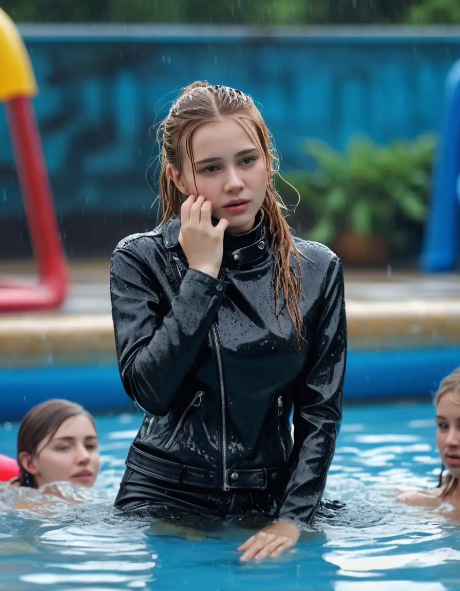 photo of young woman, in soaking wet, drenched clothes,
ankle boots , super skin tight denim jeans, slim fit black biker leatherjacket, tight grey knit turtleneck sweater, handbag , fifteen years old horny blonde teenage girl with her friends holds her hand over her mouth and nose lies completely submerged in pool partly underwater up to the neck at party in a crowded waterpark, completely wet from the rain, open mouth, big eyes, 
enjoying, wet clothes stuck to body,
detailed textures of the wet clothes, wet face, wet plastered hair,
wet, drenched, professional, high-quality details, full body view.
sharp focus, ultra-high pixel detail, realistic, high-quality, full colors, incredibly detailed, 4k, 8k, 16k, hyper-realistic, RAW photo, masterpiece, ultra-detailed, professionally color graded, professional photograph, fifteen years old, completely soaked, completely dripping wet, very wet clothes, sleek long straight hair, sleek ponytail, worried and embarrassed facial expression, slight yawn, moaning,  all girls wear different styles of clothes, take a handbag into the water, a lot of people stands in the background, close-up, view from above, highly realistic representation, ultra sharp focus, highly photorealistic detailed facial features and expressions, highly photorealistic hands, highly best quality, highly sharp photorealistic image, highly photorealistic details, highest photorealistic wet clothes, full UHD resolution, highest photorealistic sharpness of the image, 32 K