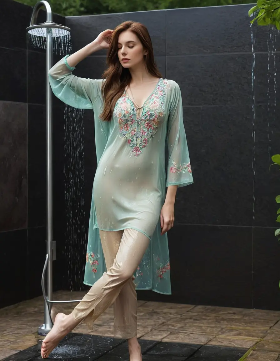 photo of young woman, in soaking wet, drenched clothes,
Stilletto heels, Silk pants, Embroidery,  long kurti skin tight , Outdoor shower ,grope another female , 
enjoying, wet clothes stuck to body,
detailed textures of the wet clothes, wet face, wet plastered hair,
wet, drenched, professional, high-quality details, full body view.
sharp focus, ultra-high pixel detail, realistic, high-quality, full colors, incredibly detailed, 4k, 8k, 16k, hyper-realistic, RAW photo, masterpiece, ultra-detailed, professionally color graded, professional photograph, Straight open  wavy hairstyle , , pear shaped body,  wrist watch, thin necklace t ,  , no make up, 4.6feet tall model , 36b bra size, 