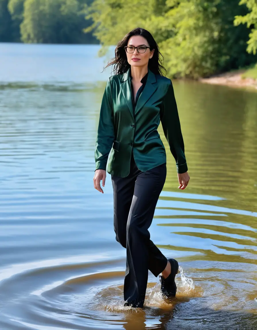 photo of young woman, in soaking wet, drenched clothes,
Sport shoes , long black office trousers, dark green silk satin shirt with long sleeves, black blazer, walking in Sunny Deep lake, 
enjoying, wet clothes stuck to body,
detailed textures of the wet clothes, wet face, wet plastered hair,
wet, drenched, professional, high-quality details, full body view.
sharp focus, ultra-high pixel detail, realistic, high-quality, full colors, incredibly detailed, 4k, 8k, 16k, hyper-realistic, RAW photo, masterpiece, ultra-detailed, professionally color graded, professional photograph, woman 51 years old, medium black hair, very big and thick lips, office light glasses, complete body