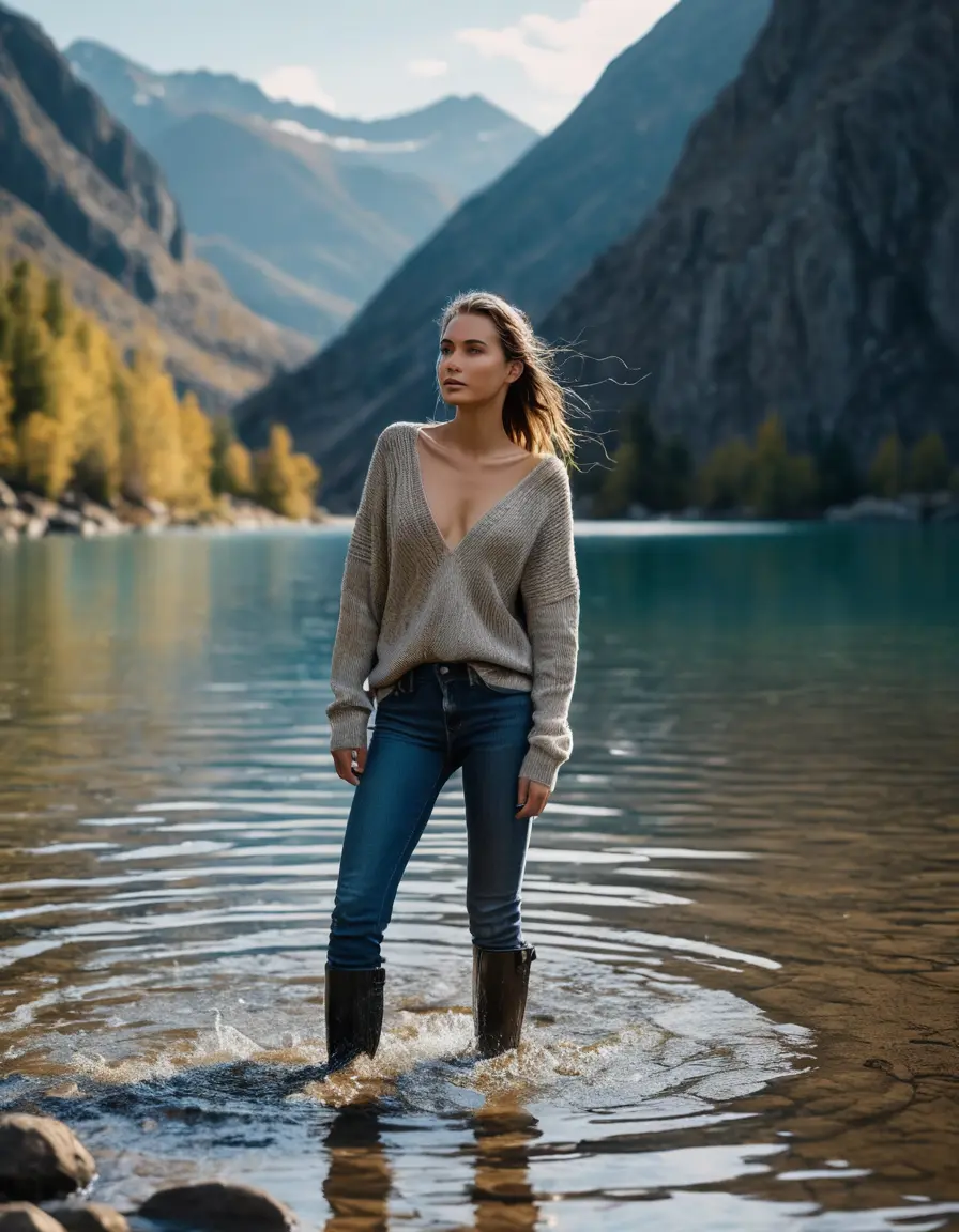 photo of young woman, in soaking wet, drenched clothes,
boots, blue jeans, sweater with large v-neck, naked beneath, walking through a mountain lake, 
enjoying, wet clothes stuck to body,
detailed textures of the wet clothes, wet face, wet plastered hair,
wet, drenched, professional, high-quality details, full body view.
sharp focus, ultra-high pixel detail, realistic, high-quality, full colors, incredibly detailed, 4k, 8k, 16k, hyper-realistic, RAW photo, masterpiece, ultra-detailed, professionally color graded, professional photograph