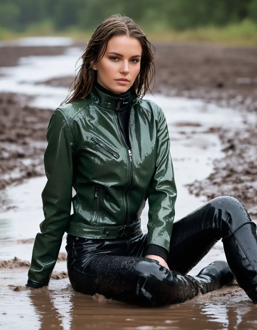 photo of young woman, in soaking wet, drenched clothes,
tight leather boots, skin tight black leather jeans, slim fit green biker leatherjacket, tight light black latex turtleneck sweater,, lying on mud in heavy rain, 
enjoying, wet clothes stuck to body,
detailed textures of the wet clothes, wet face, wet plastered hair,
wet, drenched, professional, high-quality details, full body view.
sharp focus, ultra-high pixel detail, realistic, high-quality, full colors, incredibly detailed, 4k, 8k, 16k, hyper-realistic, RAW photo, masterpiece, ultra-detailed, professionally color graded, professional photograph, white woman, long dripping wet brown hair