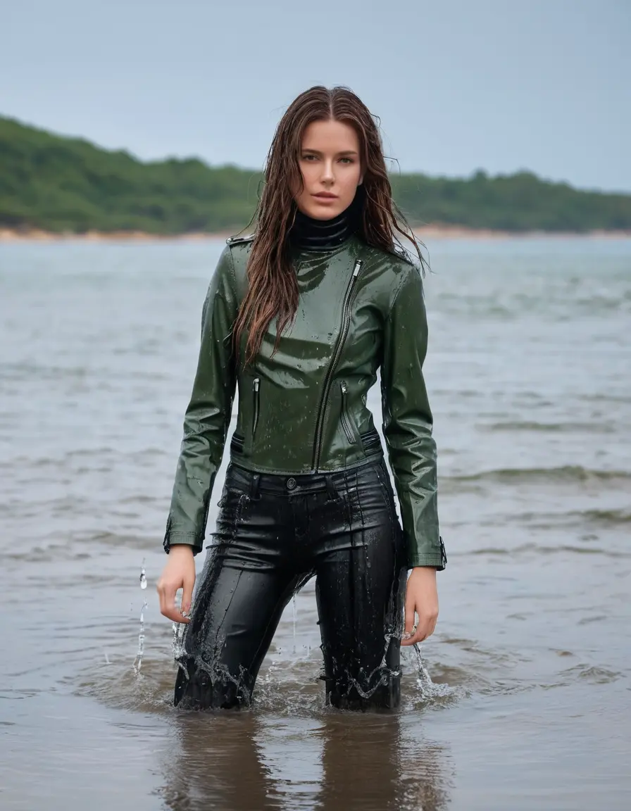 photo of young woman, in soaking wet, drenched clothes,
tight leather boots, skin tight black leather jeans, slim fit green biker leatherjacket, tight light black latex turtleneck sweater,, standing in sea water, covered up to waist with water, 
enjoying, wet clothes stuck to body,
detailed textures of the wet clothes, wet face, wet plastered hair,
wet, drenched, professional, high-quality details, full body view.
sharp focus, ultra-high pixel detail, realistic, high-quality, full colors, incredibly detailed, 4k, 8k, 16k, hyper-realistic, RAW photo, masterpiece, ultra-detailed, professionally color graded, professional photograph, white woman, long dripping wet brown hair
