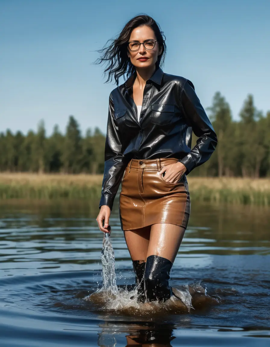 photo of young woman, in soaking wet, drenched clothes,
Sport shoes , long light brown leather jeans skirt, black leather jeans shirt with long sleeves , walking in Sunny Deep lake, 
enjoying, wet clothes stuck to body,
detailed textures of the wet clothes, wet face, wet plastered hair,
wet, drenched, professional, high-quality details, full body view.
sharp focus, ultra-high pixel detail, realistic, high-quality, full colors, incredibly detailed, 4k, 8k, 16k, hyper-realistic, RAW photo, masterpiece, ultra-detailed, professionally color graded, professional photograph, woman 51 years old, medium black hair, very big and thick lips, office light glasses, complete body