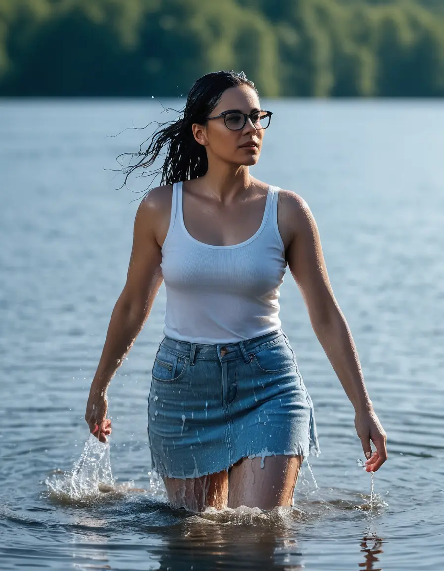 photo of young woman, in soaking wet, drenched clothes,
Sport shoes , long light blue jeans skirt, white tank top, walking in Sunny Deep lake, 
enjoying, wet clothes stuck to body,
detailed textures of the wet clothes, wet face, wet plastered hair,
wet, drenched, professional, high-quality details, full body view.
sharp focus, ultra-high pixel detail, realistic, high-quality, full colors, incredibly detailed, 4k, 8k, 16k, hyper-realistic, RAW photo, masterpiece, ultra-detailed, professionally color graded, professional photograph, woman 51 years old, medium black hair, very big and thick lips, office light glasses, complete body