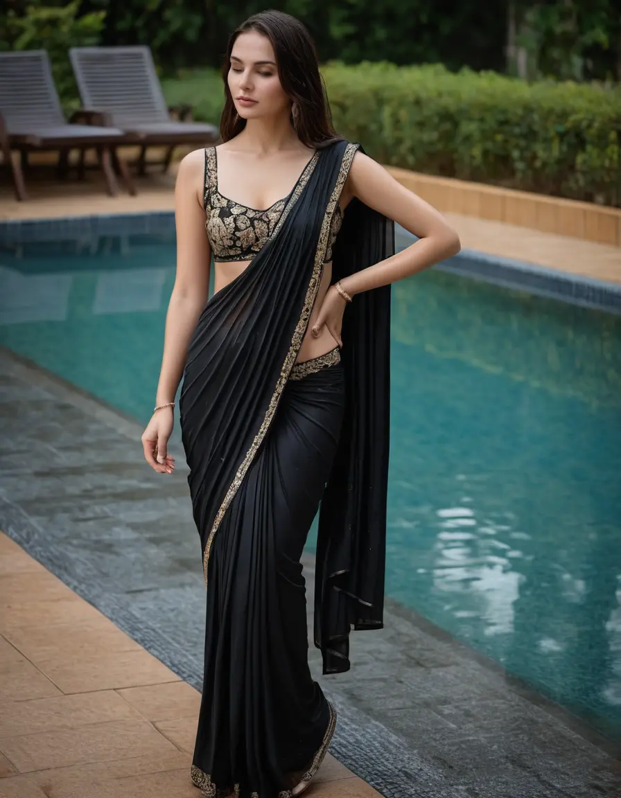photo of young woman, in soaking wet, drenched clothes,
Stilletto heels, Silk pants, Embroidery,  long black Saree skin tight , Outdoor pool ,grope another female , 
enjoying, wet clothes stuck to body,
detailed textures of the wet clothes, wet face, wet plastered hair,
wet, drenched, professional, high-quality details, full body view.
sharp focus, ultra-high pixel detail, realistic, high-quality, full colors, incredibly detailed, 4k, 8k, 16k, hyper-realistic, RAW photo, masterpiece, ultra-detailed, professionally color graded, professional photograph, Straight open  wavy hairstyle , , pear shaped body,  wrist watch, thin necklace t ,  , no make up, 4.6feet tall model , 36b bra size, 