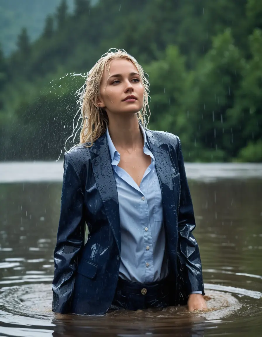 photo of young woman, in soaking wet, drenched clothes,
Dark Blue Business Trouser, Dark Blue Business Suit Jacket with Light Blue button down shirt, Clear Mountain lake with heavy rain, 
enjoying, wet clothes stuck to body,
detailed textures of the wet clothes, wet face, wet plastered hair,
wet, drenched, professional, high-quality details, full body view.
sharp focus, ultra-high pixel detail, realistic, high-quality, full colors, incredibly detailed, 4k, 8k, 16k, hyper-realistic, RAW photo, masterpiece, ultra-detailed, professionally color graded, professional photograph, young elegant white blonde haired beautiful women, breast deep submerged, under a big rainshower, fully clothed, completely soaked, fully drenched, completely wet, wetlook, heavy rain, side parting, open hair, long hair, rain storm, looks confidently into camera
