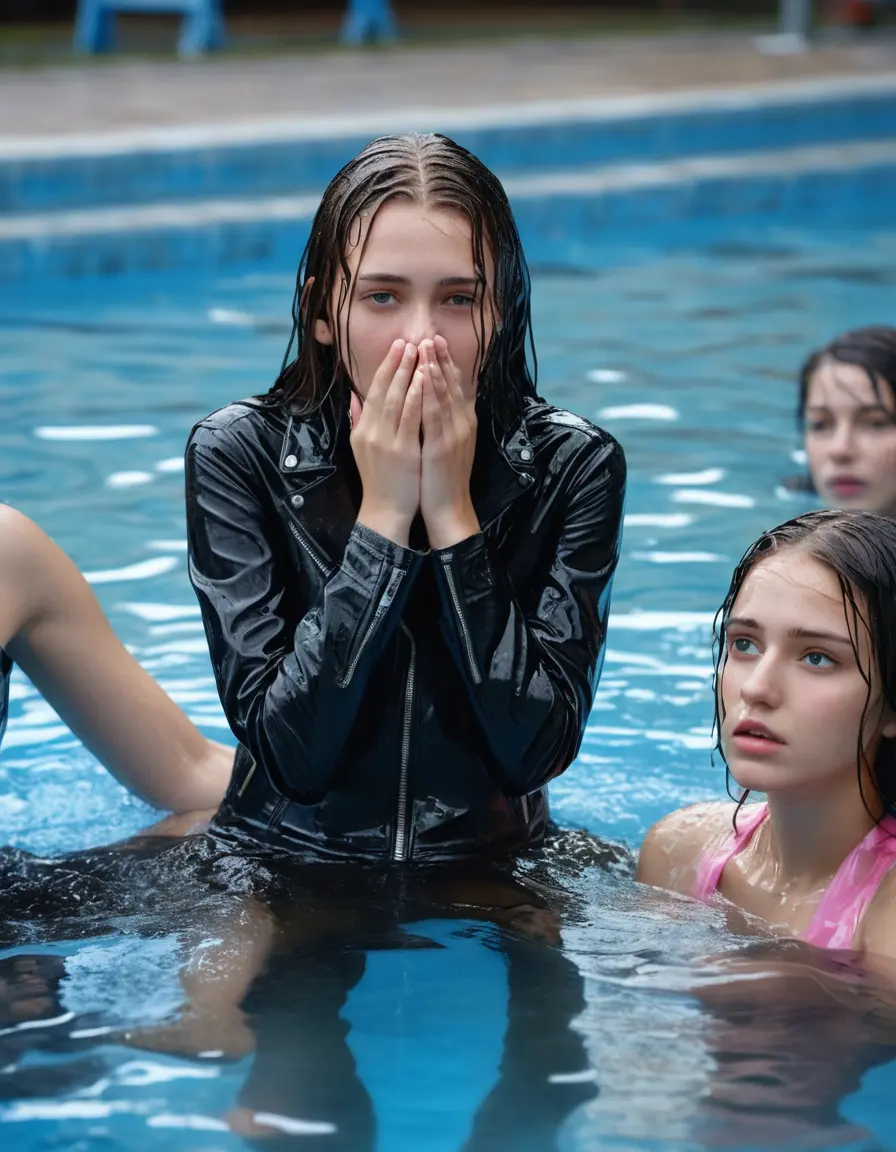photo of young woman, in soaking wet, drenched clothes,
ankle boots , super skin tight denim jeans, slim fit black biker leatherjacket, tight light pink knit turtleneck sweater, handbag , fifteen years old horny blonde teenage girl with her friends holds her hand over her mouth and nose lies completely submerged in pool partly underwater up to the neck at party in a crowded waterpark, completely wet from the rain, open mouth, big eyes, 
enjoying, wet clothes stuck to body,
detailed textures of the wet clothes, wet face, wet plastered hair,
wet, drenched, professional, high-quality details, full body view.
sharp focus, ultra-high pixel detail, realistic, high-quality, full colors, incredibly detailed, 4k, 8k, 16k, hyper-realistic, RAW photo, masterpiece, ultra-detailed, professionally color graded, professional photograph, fifteen years old, completely soaked, completely dripping wet, very wet clothes, sleek long straight hair, worried and embarrassed facial expression, slight yawn, moaning,  all girls wear different styles of clothes, carrying a dripping wet smal handbag, a lot of people stands in the background, close-up, view from above, highly realistic representation, ultra sharp focus, highly photorealistic detailed facial features and expressions, highly photorealistic hands, highly best quality, highly sharp photorealistic image, highly photorealistic details, highest photorealistic wet clothes, full UHD resolution, highest photorealistic sharpness of the image, 32 K