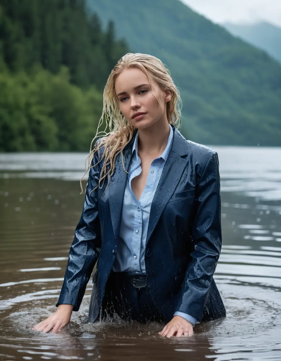 photo of young woman, in soaking wet, drenched clothes,
Dark Blue Business Trouser, Dark Blue Business Suit Jacket with Light Blue button down shirt, Clear Mountain lake with heavy rain, 
enjoying, wet clothes stuck to body,
detailed textures of the wet clothes, wet face, wet plastered hair,
wet, drenched, professional, high-quality details, full body view.
sharp focus, ultra-high pixel detail, realistic, high-quality, full colors, incredibly detailed, 4k, 8k, 16k, hyper-realistic, RAW photo, masterpiece, ultra-detailed, professionally color graded, professional photograph, young elegant white blonde haired beautiful women, breast deep submerged, under a big rainshower, fully clothed, completely soaked, fully drenched, completely wet, wetlook, heavy rain, side parting, open hair, long hair, rain storm, looks confidently into camera