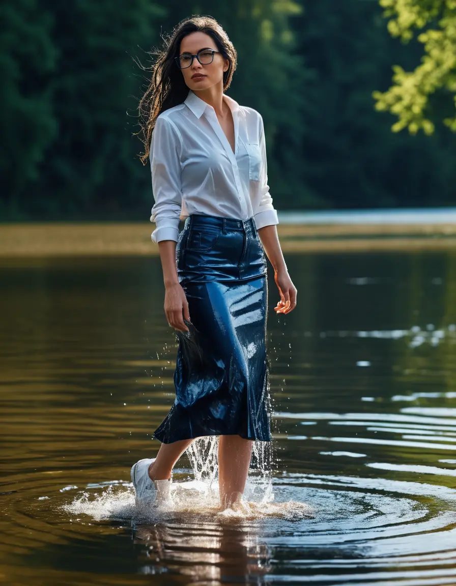 photo of young woman, in soaking wet, drenched clothes,
Sport shoes , long blue leather jeans skirt, white silk satin shirt with long sleeves , walking in Sunny Deep lake, 
enjoying, wet clothes stuck to body,
detailed textures of the wet clothes, wet face, wet plastered hair,
wet, drenched, professional, high-quality details, full body view.
sharp focus, ultra-high pixel detail, realistic, high-quality, full colors, incredibly detailed, 4k, 8k, 16k, hyper-realistic, RAW photo, masterpiece, ultra-detailed, professionally color graded, professional photograph, woman 51 years old, medium black hair, very big and thick lips, office light glasses, complete body