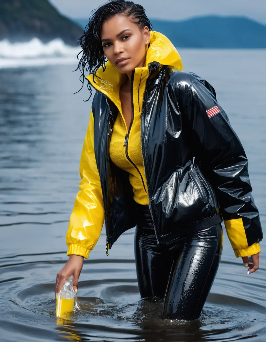 photo of young woman, in soaking wet, drenched clothes,
high heels, leather leggings, yellow transparent t-shirt, black wet shiny pvc puffer jacket, iceberg, 
enjoying, wet clothes stuck to body,
detailed textures of the wet clothes, wet face, wet plastered hair,
wet, drenched, professional, high-quality details, full body view.
sharp focus, ultra-high pixel detail, realistic, high-quality, full colors, incredibly detailed, 4k, 8k, 16k, hyper-realistic, RAW photo, masterpiece, ultra-detailed, professionally color graded, professional photograph, 65 years old fat black mature, big boobs