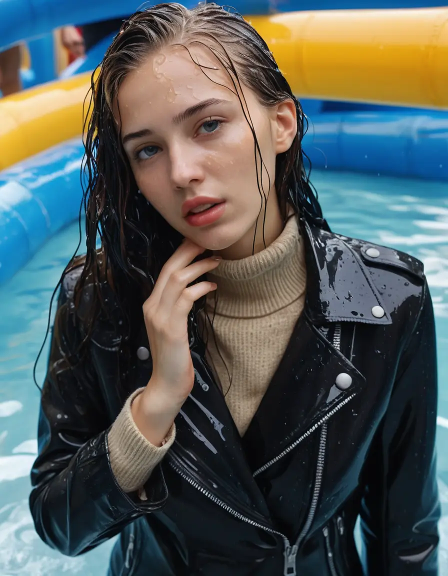 photo of young woman, in soaking wet, drenched clothes,
ankle boots , super skin tight denim jeans, slim fit black biker leatherjacket, tight beige knit turtleneck sweater, handbag , fifteen years old horny blonde teenage girl with her friends holds her hand over her mouth and nose climbs out of the pool partly underwater up to the neck at party in a crowded waterpark, completely wet from the rain, open mouth, big eyes, 
enjoying, wet clothes stuck to body,
detailed textures of the wet clothes, wet face, wet plastered hair,
wet, drenched, professional, high-quality details, full body view.
sharp focus, ultra-high pixel detail, realistic, high-quality, full colors, incredibly detailed, 4k, 8k, 16k, hyper-realistic, RAW photo, masterpiece, ultra-detailed, professionally color graded, professional photograph, fifteen years old, completely soaked, completely dripping wet, very wet clothes, sleek long straight hair, worried and embarrassed facial expression, slight yawn, moaning,  all girls wear different styles of clothes, carrying a dripping wet smal handbag, a lot of people stands in the background, close-up, view from above, highly realistic representation, ultra sharp focus, highly photorealistic detailed facial features and expressions, highly photorealistic hands, highly best quality, highly sharp photorealistic image, highly photorealistic details, highest photorealistic wet clothes, full UHD resolution, highest photorealistic sharpness of the image, 32 K
