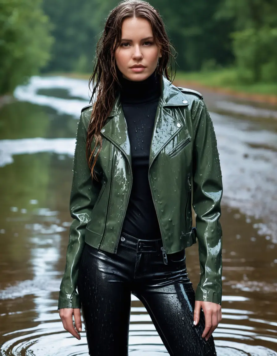 photo of young woman, in soaking wet, drenched clothes,
tight leather boots, skin tight black leather jeans, slim fit green biker leatherjacket, tight light black latex turtleneck sweater,, soaked, heavy rain, storm, 
enjoying, wet clothes stuck to body,
detailed textures of the wet clothes, wet face, wet plastered hair,
wet, drenched, professional, high-quality details, full body view.
sharp focus, ultra-high pixel detail, realistic, high-quality, full colors, incredibly detailed, 4k, 8k, 16k, hyper-realistic, RAW photo, masterpiece, ultra-detailed, professionally color graded, professional photograph, white woman, long dripping wet brown hair