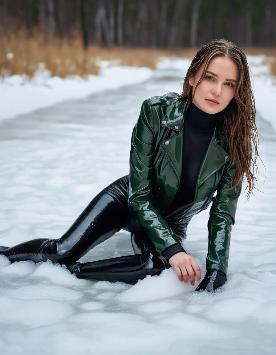 photo of young woman, in soaking wet, drenched clothes,
tight leather boots, skin tight black leather jeans, slim fit green biker leatherjacket, tight light black latex turtleneck sweater,, lying on snow, 
enjoying, wet clothes stuck to body,
detailed textures of the wet clothes, wet face, wet plastered hair,
wet, drenched, professional, high-quality details, full body view.
sharp focus, ultra-high pixel detail, realistic, high-quality, full colors, incredibly detailed, 4k, 8k, 16k, hyper-realistic, RAW photo, masterpiece, ultra-detailed, professionally color graded, professional photograph, white woman, long dripping wet brown hair