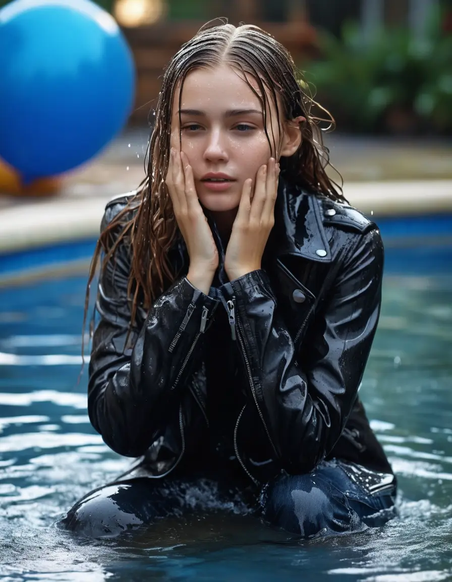 photo of young woman, in soaking wet, drenched clothes,
ankle boots , super skin tight denim jeans, slim fit black biker leatherjacket, tight light pink knit turtleneck sweater, handbag , fifteen years old horny blonde teenage girl with girlfriend hold her hand over her mouth and nose lies completely submerged in pool partly underwater up to the neck at party in a crowded waterpark, completely wet from the rain, open mouth, big eyes, 
enjoying, wet clothes stuck to body,
detailed textures of the wet clothes, wet face, wet plastered hair,
wet, drenched, professional, high-quality details, full body view.
sharp focus, ultra-high pixel detail, realistic, high-quality, full colors, incredibly detailed, 4k, 8k, 16k, hyper-realistic, RAW photo, masterpiece, ultra-detailed, professionally color graded, professional photograph, fifteen years old, completely soaked, completely dripping wet, very wet clothes, sleek long straight hair, worried and embarrassed facial expression, slight yawn, all girls wear different styles of clothes, carrying a dripping wet smal handbag, a lot of people stands in the background, close-up, view from above, highly realistic representation, ultra sharp focus, highly photorealistic detailed facial features and expressions, highly photorealistic hands, highly best quality, highly sharp photorealistic image, highly photorealistic details, highest photorealistic wet clothes, full UHD resolution, highest photorealistic sharpness of the image, 32 K